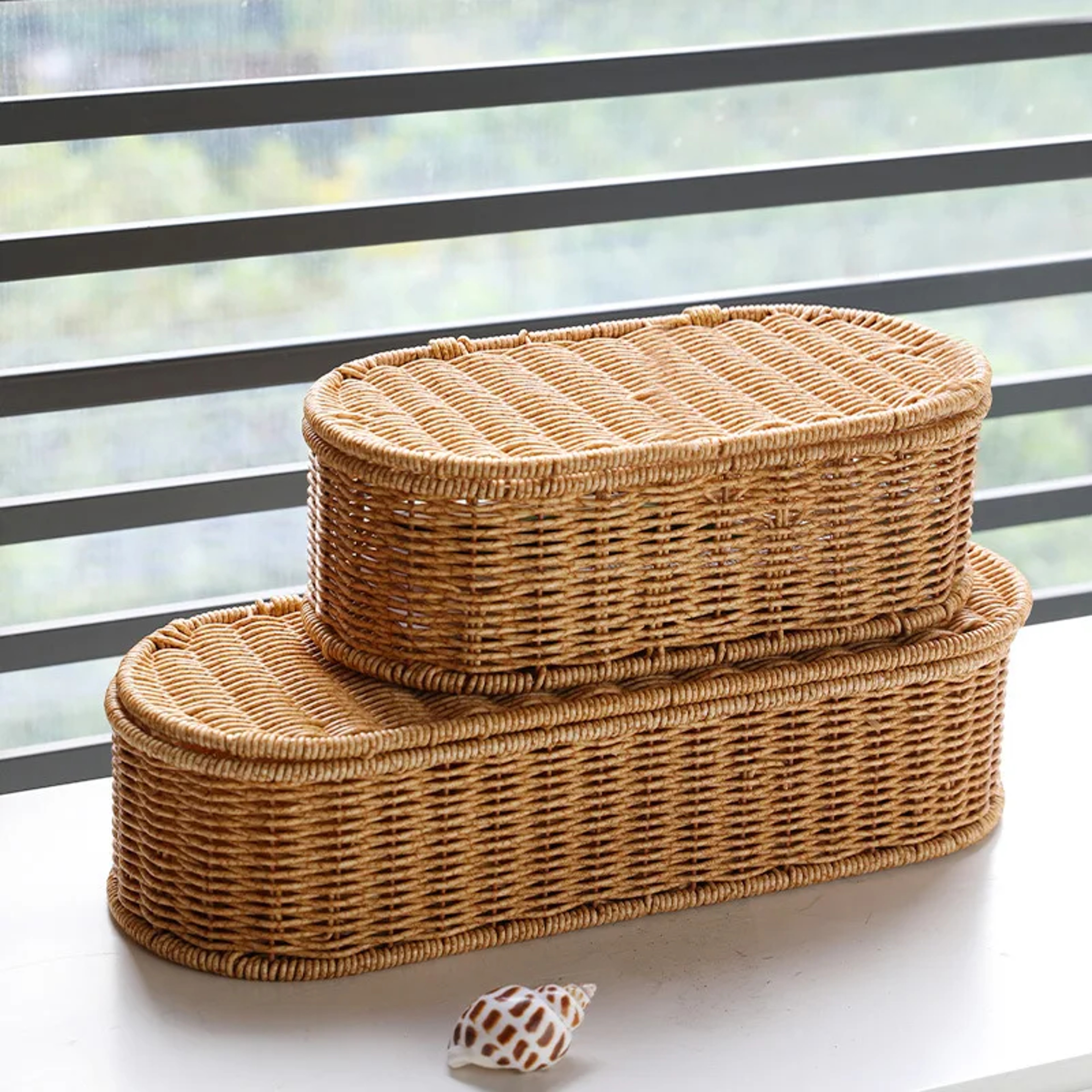 Boho Rattan Storage Basket with Lid, Woven Storage Box and Kitchen Organizer – view 1