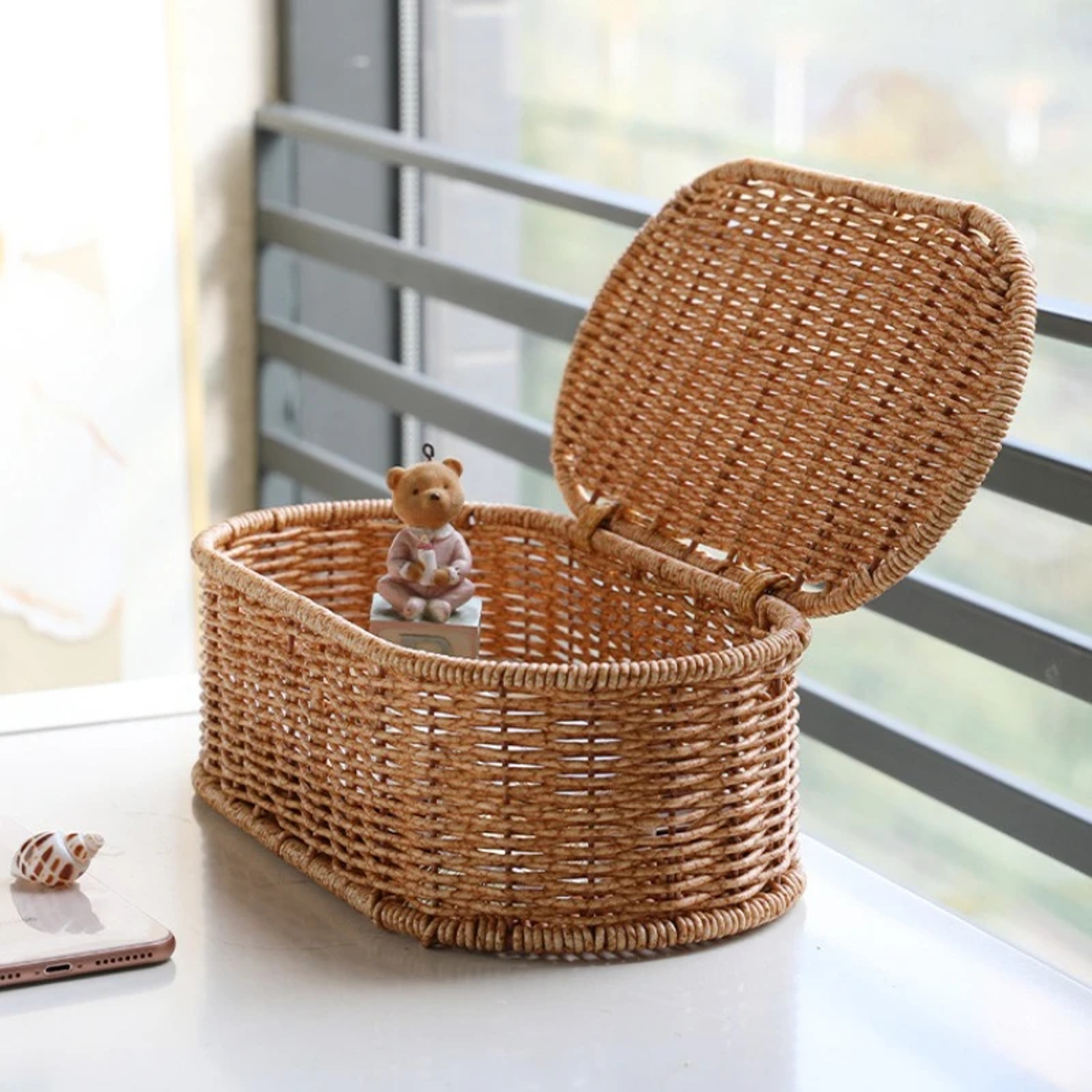 Boho Rattan Storage Basket with Lid, Woven Storage Box and Kitchen Organizer – view 4