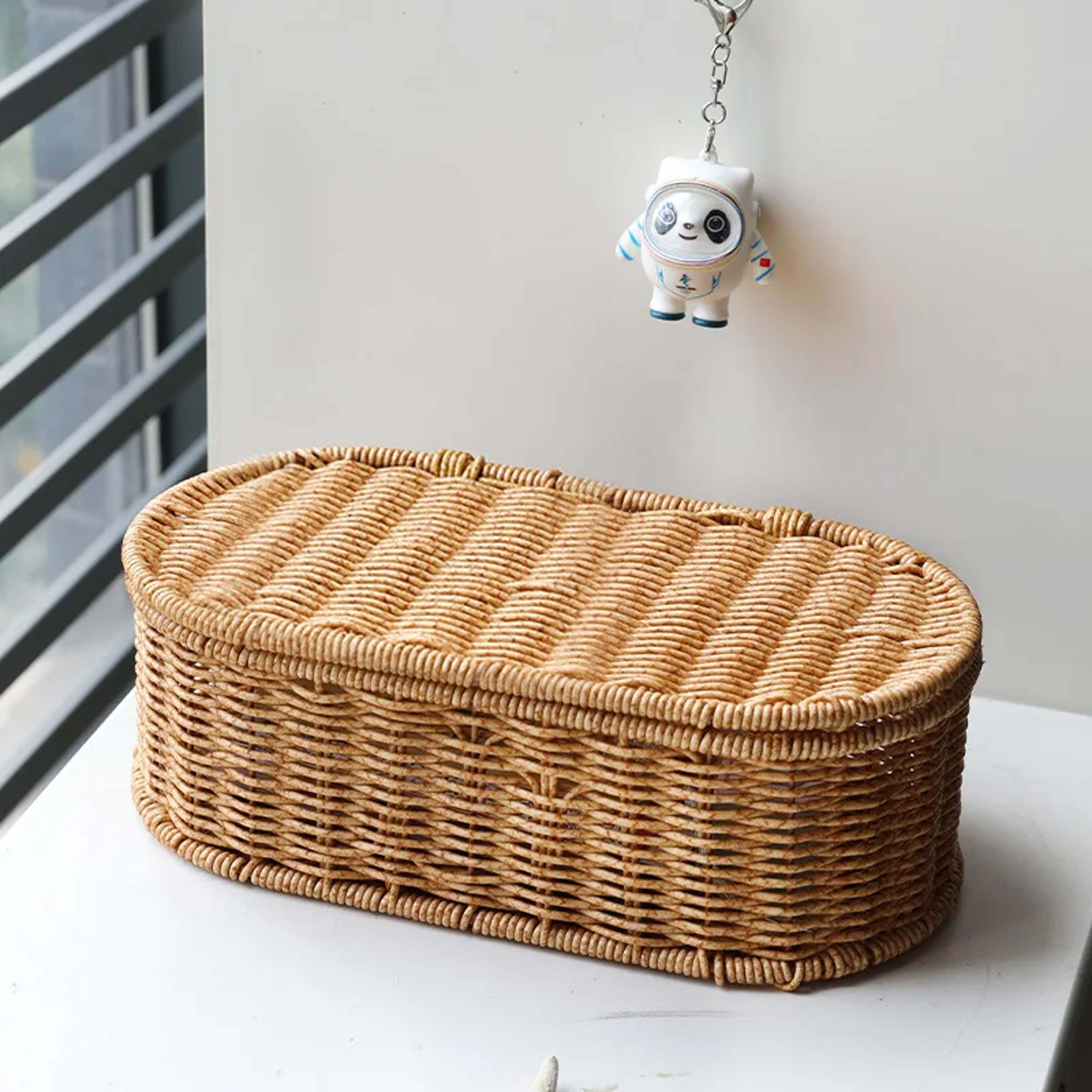 Boho Rattan Storage Basket with Lid, Woven Storage Box and Kitchen Organizer – view 6