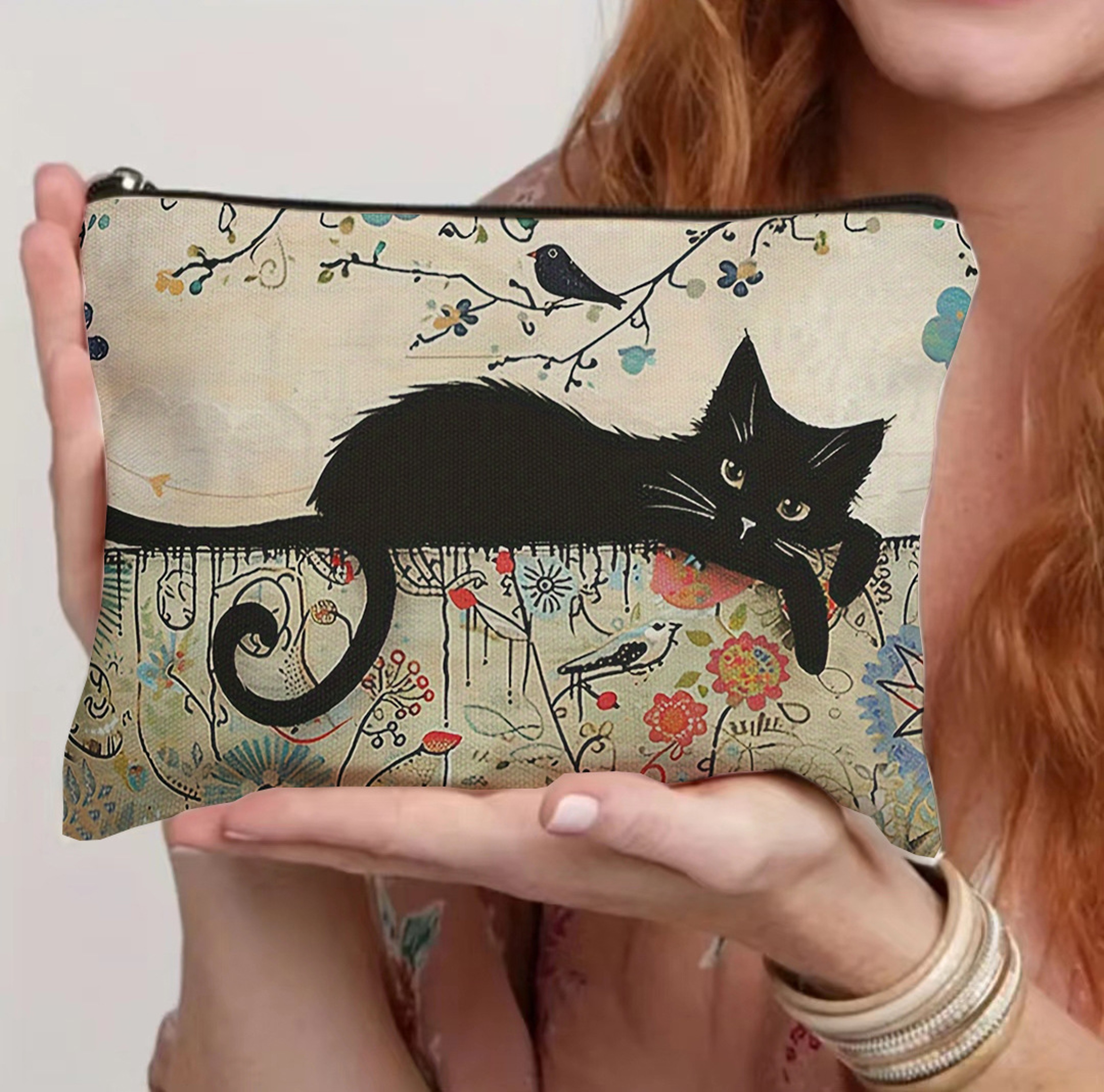 Black Cat Floral Makeup Bag Cosmetic Zipper Pouch and Cat Lover Gift – view 12
