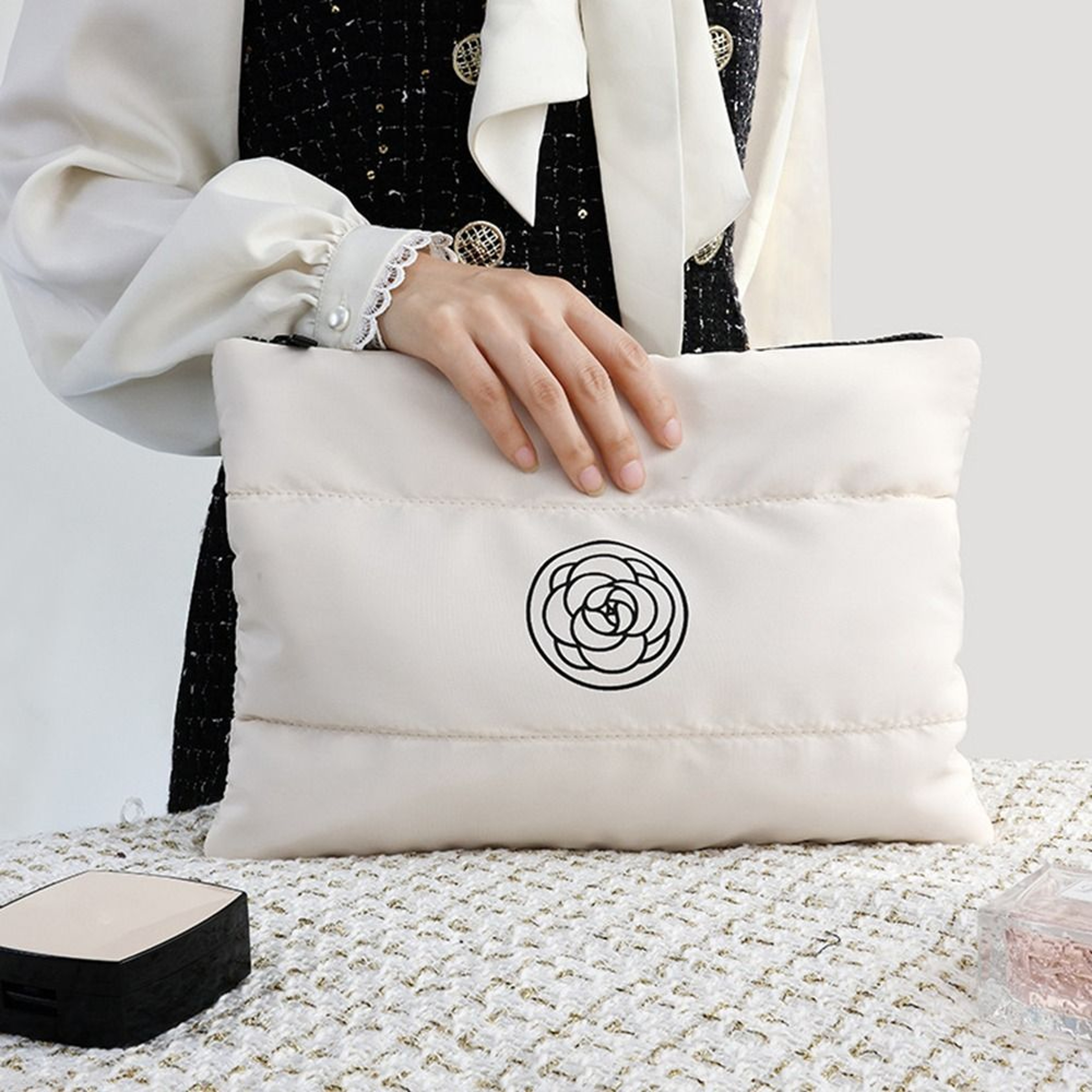 Large Quilted Makeup Bag Cotton Travel Cosmetic Bag for Makeup and Toiletries – view 5