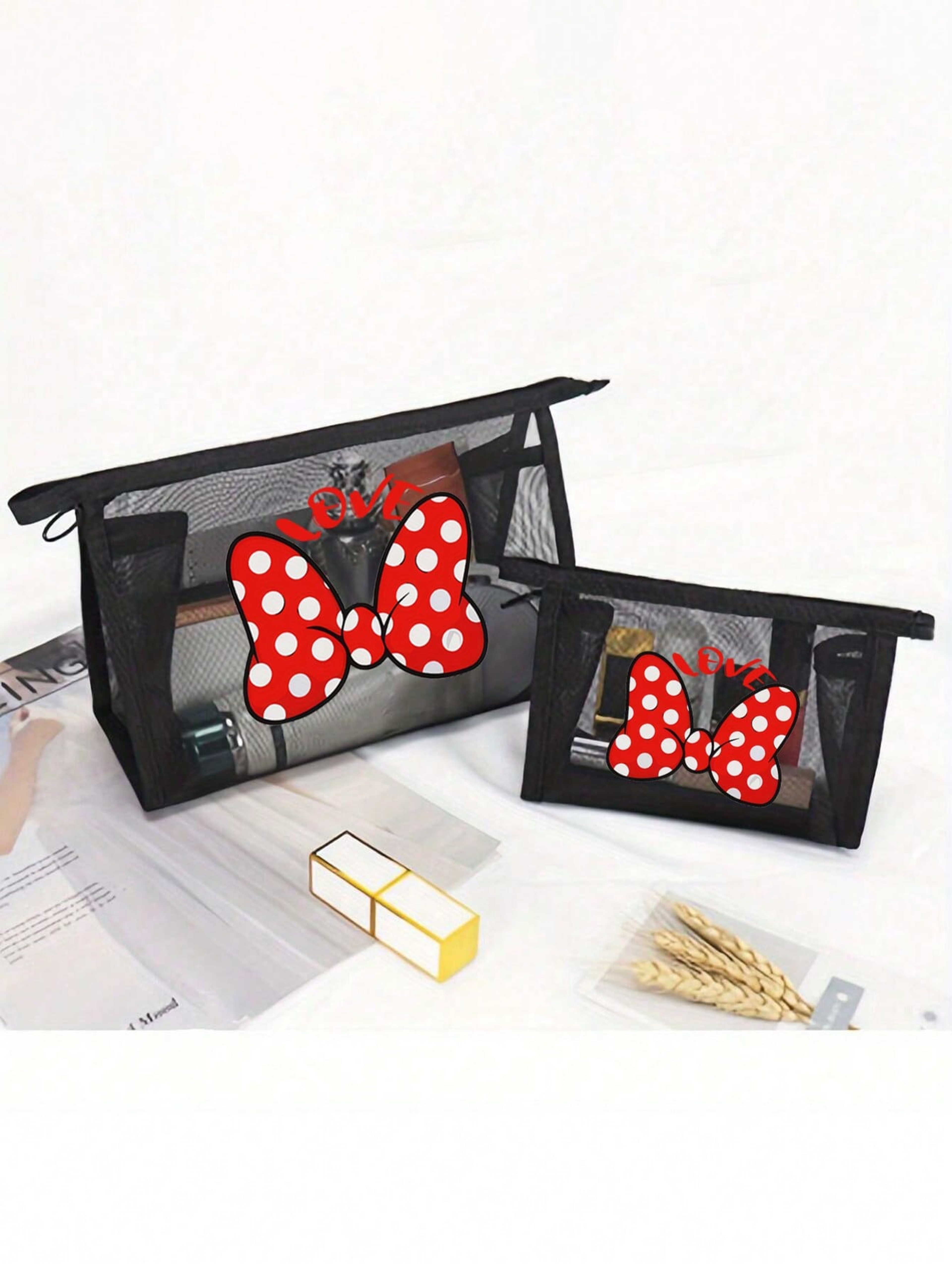 Black Bow Mesh Makeup Bag Portable Travel Cosmetic Bag and Toiletry Organizer – view 3