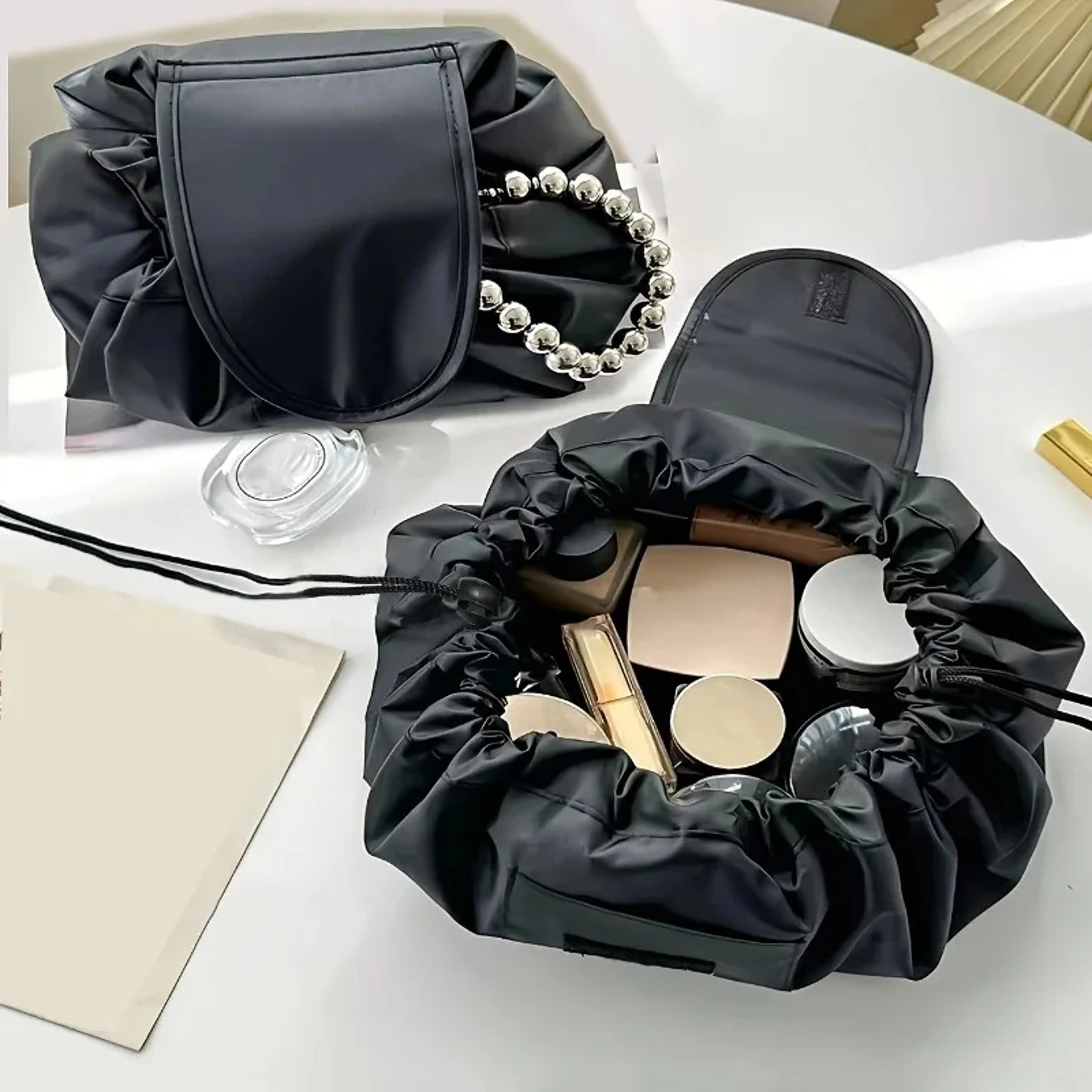 Lay Flat Drawstring Makeup Bag Portable Travel Makeup Organizer for Cosmetics and Toiletries – view 1