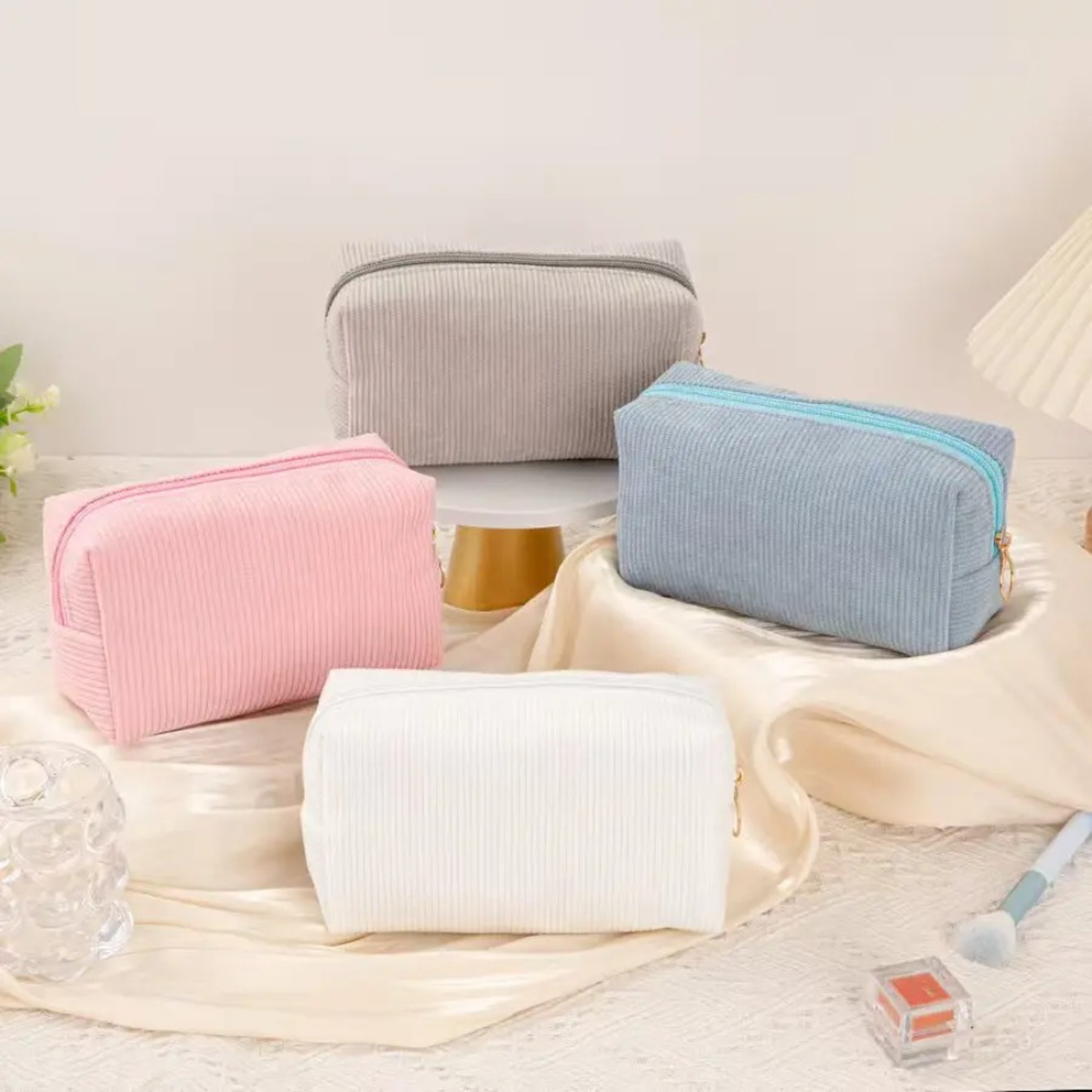 Corduroy Makeup Bag Spacious Travel Cosmetic Bag with Waterproof Lining – view 1