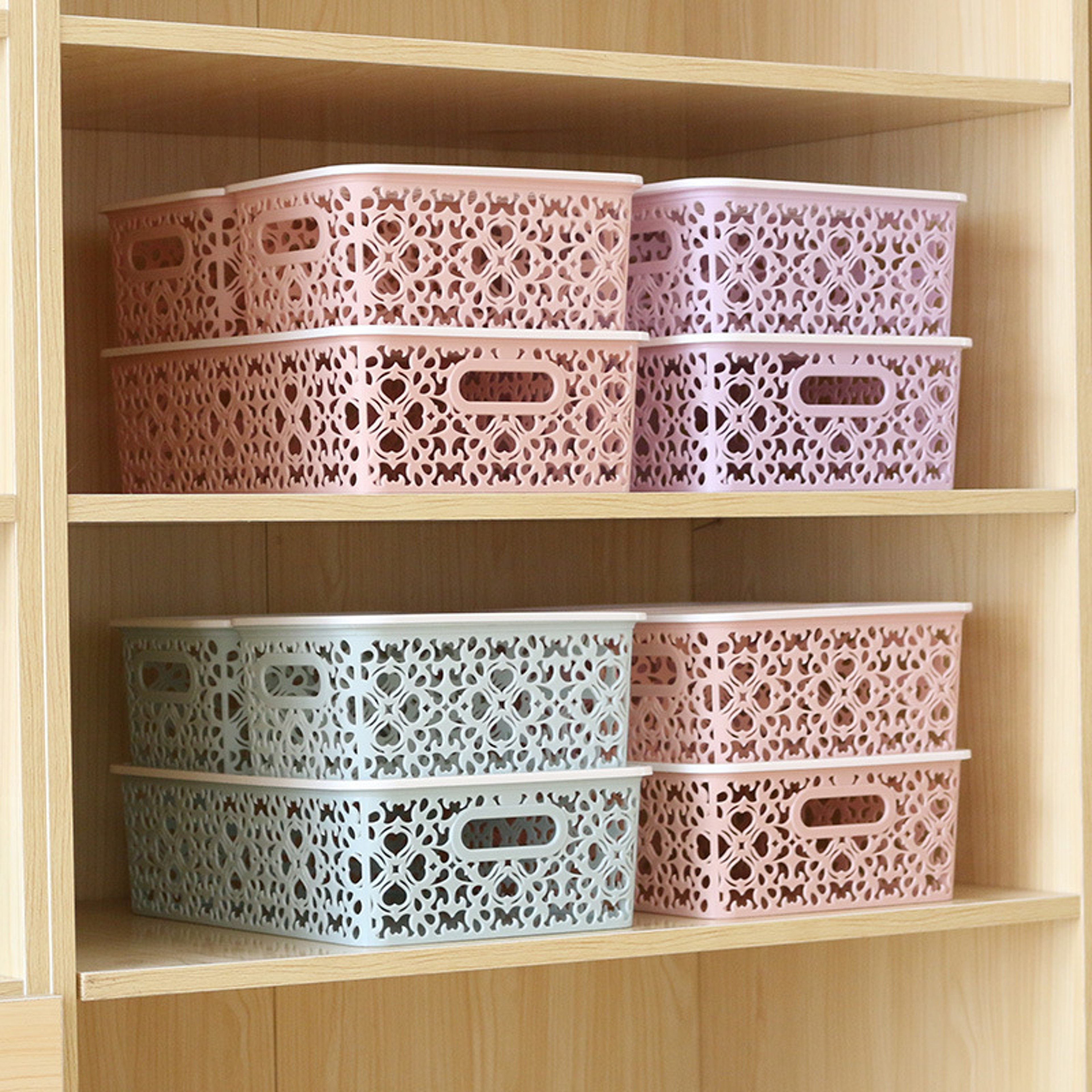 Stackable Storage Basket With Lid Plastic Organizer For Clothes Toys And Home 4