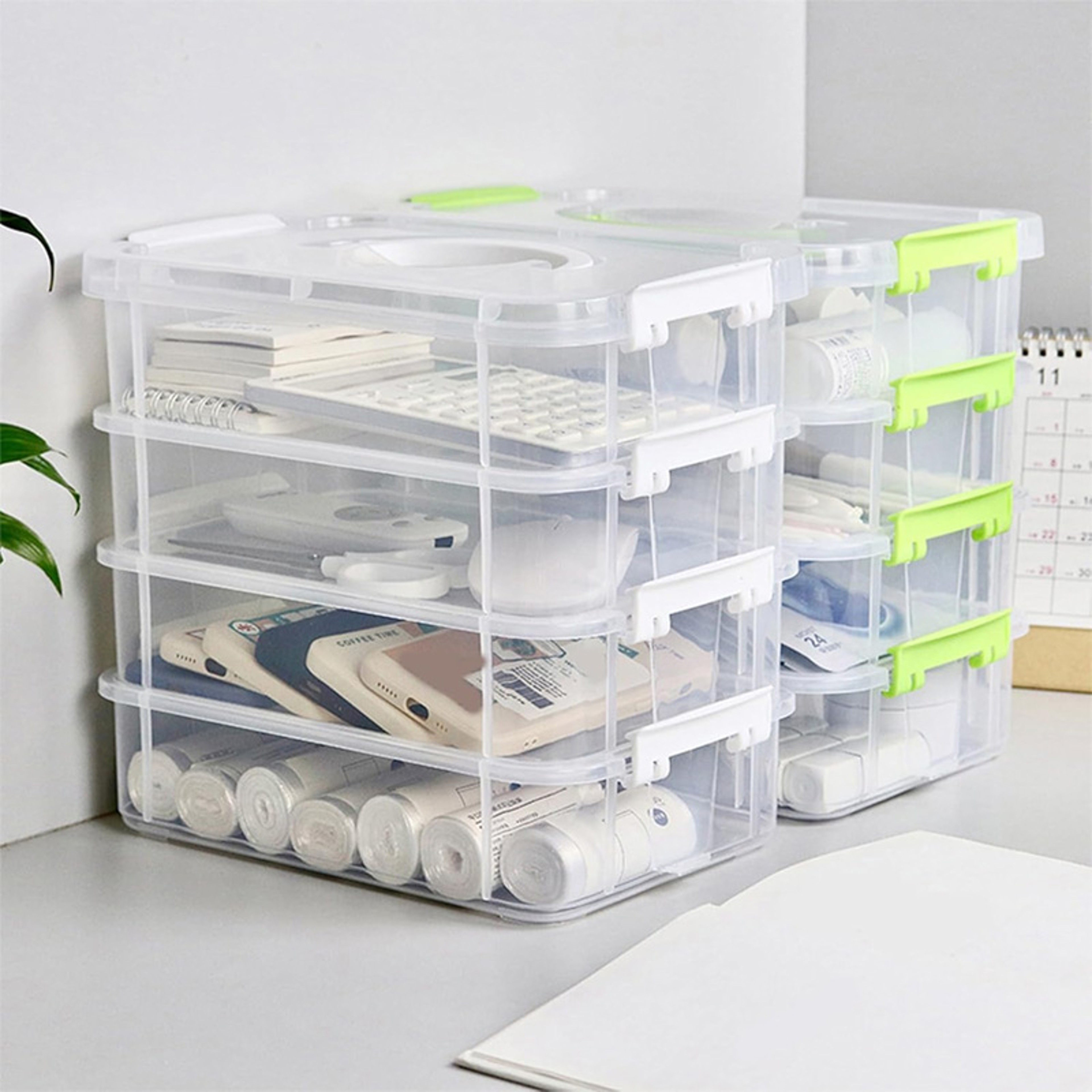 4 Tier Stackable Storage Box With Handle Clear Portable Craft Organizer With Snap Lids 3