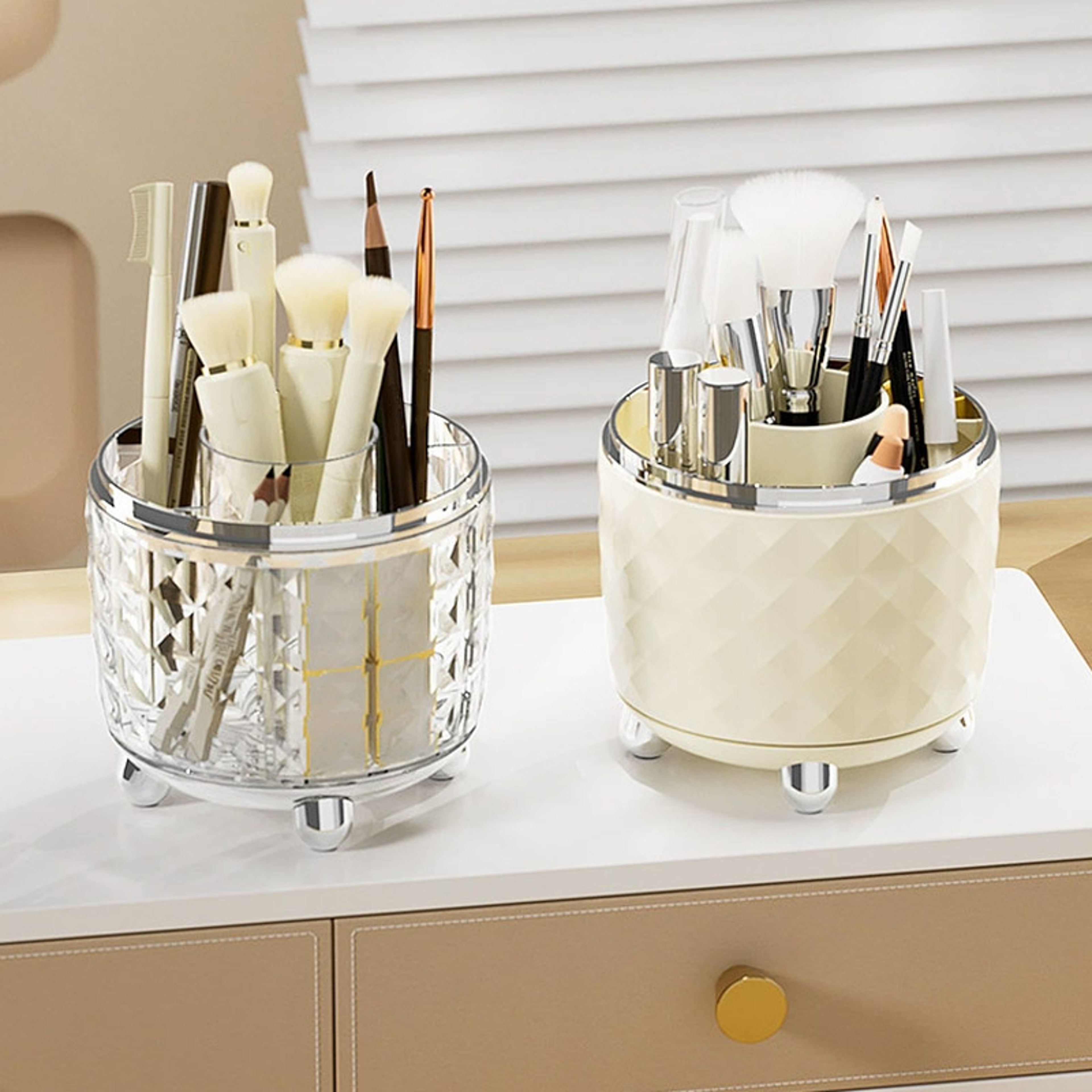 360 Rotating Makeup Brush Organizer With Dustproof Lid And Cosmetic Storage Compartments 5