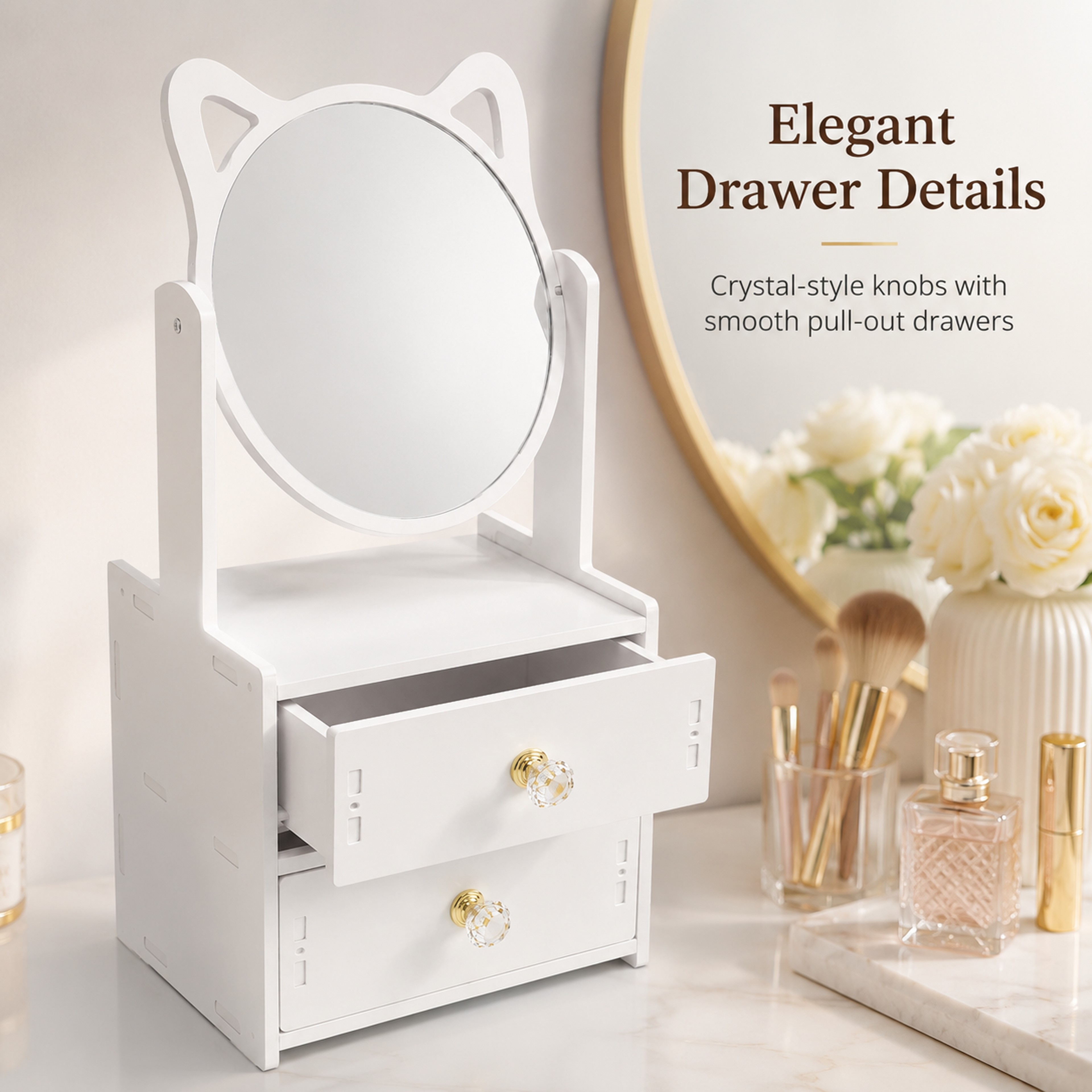 Cute Cat Makeup Organizer With 360 Rotating Mirror And Double Drawers 3