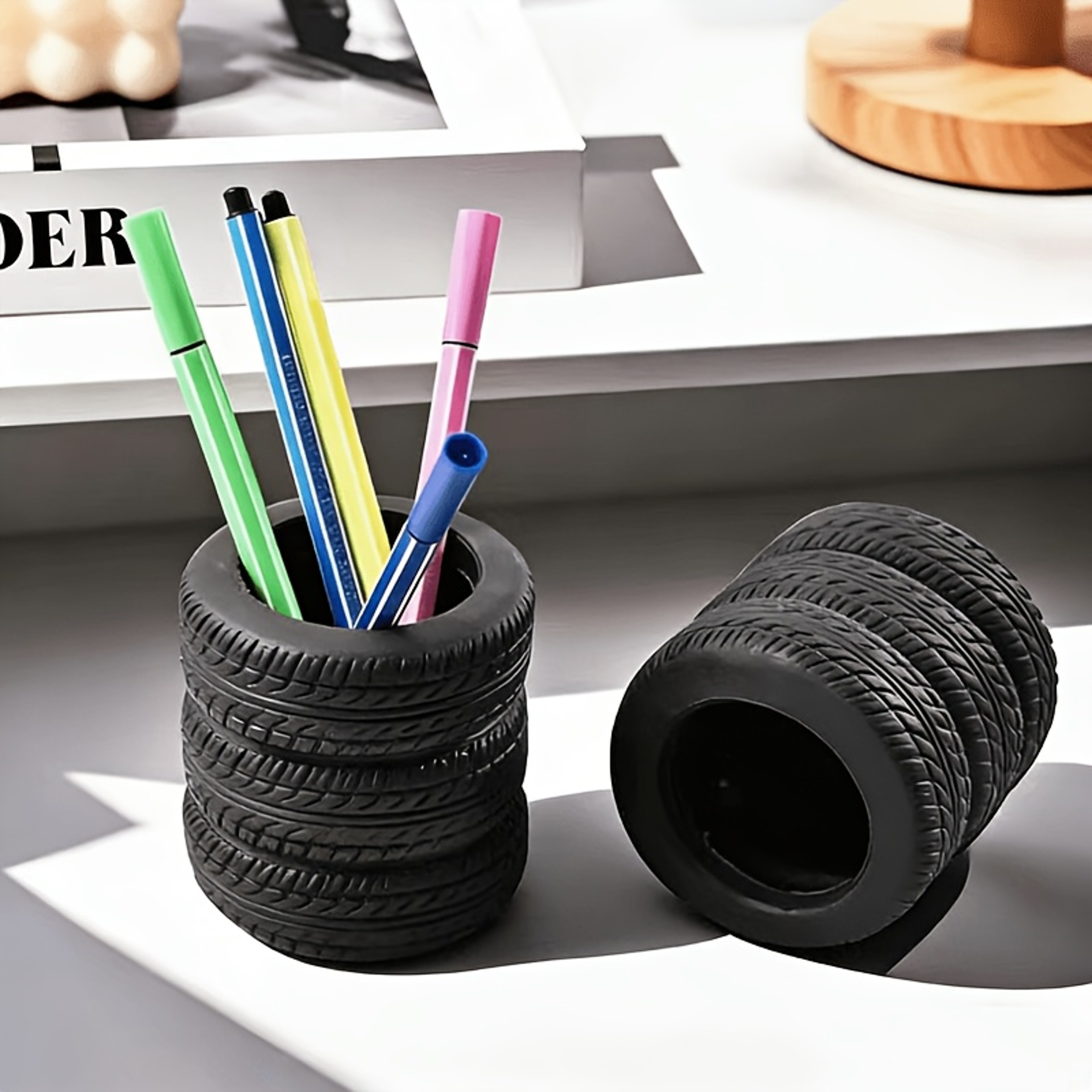 Tire Shaped Pen Holder Desk Organizer For Pens Makeup Brushes And Stationery 6