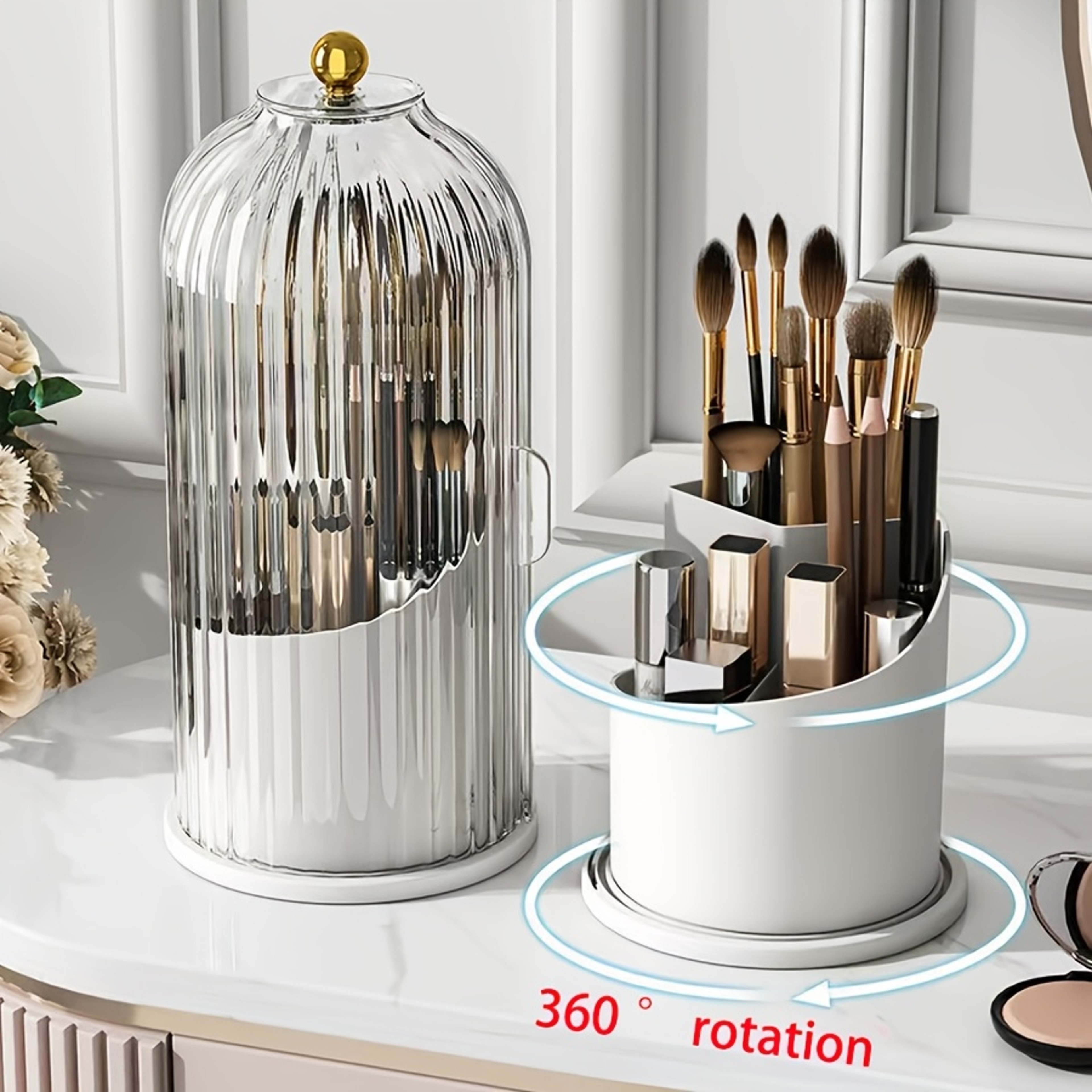 360 Rotating Makeup Brush Holder Dustproof Cosmetic Storage Box Set 2