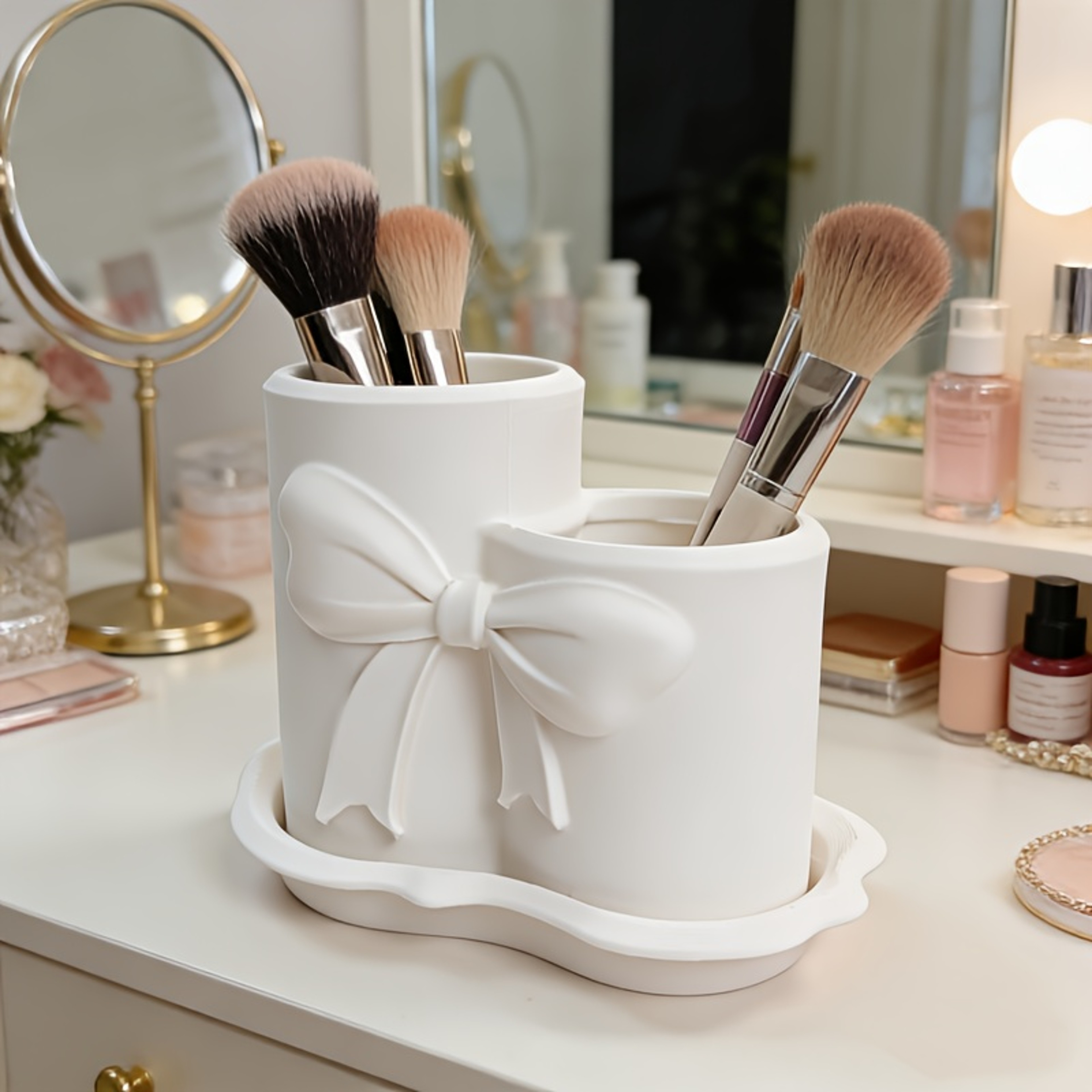 3D Bow Makeup Brush Holder Cosmetic Organizer Vanity Desk Storage 4