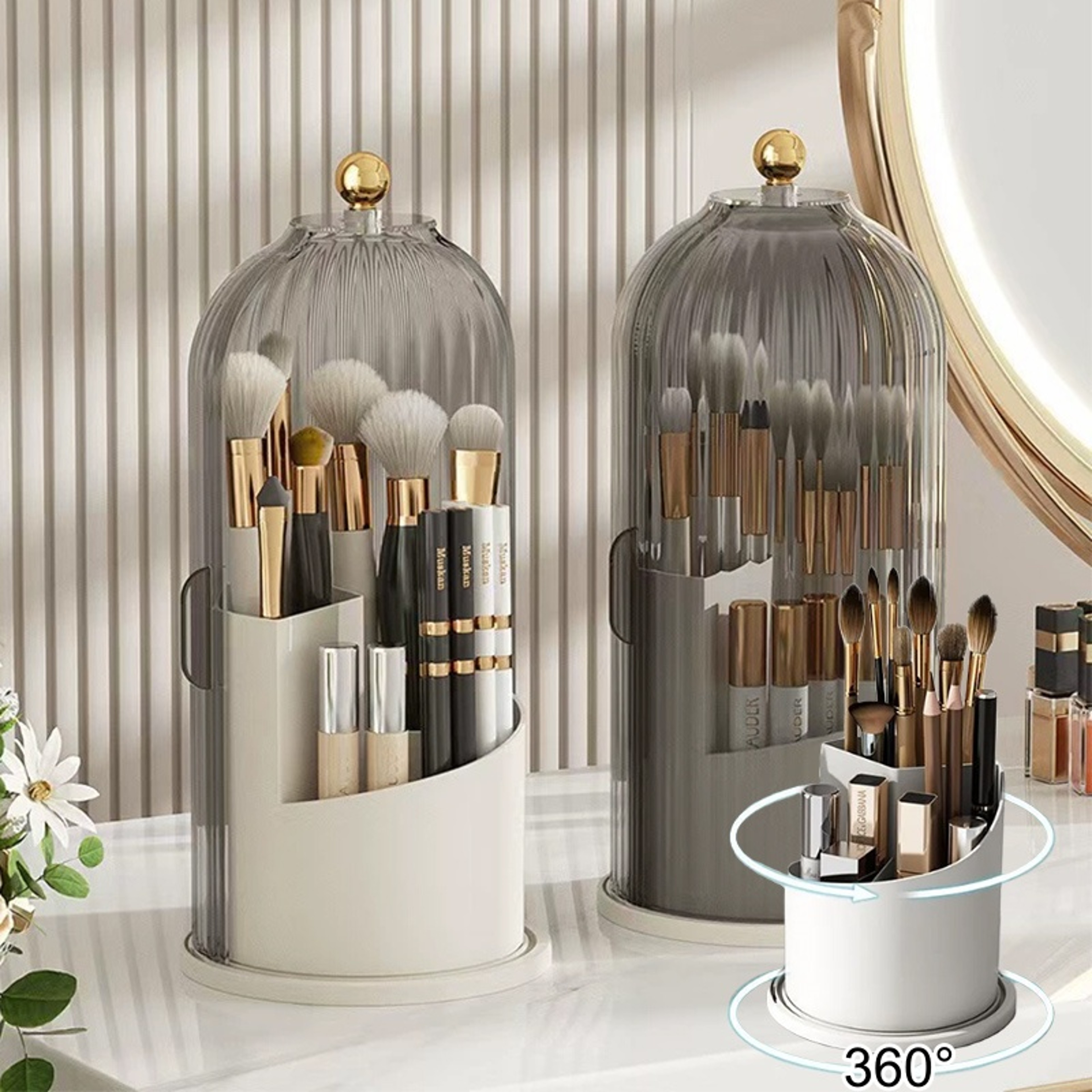 360 Rotating Makeup Brush Holder Dustproof Cosmetic Organizer With Lid 2