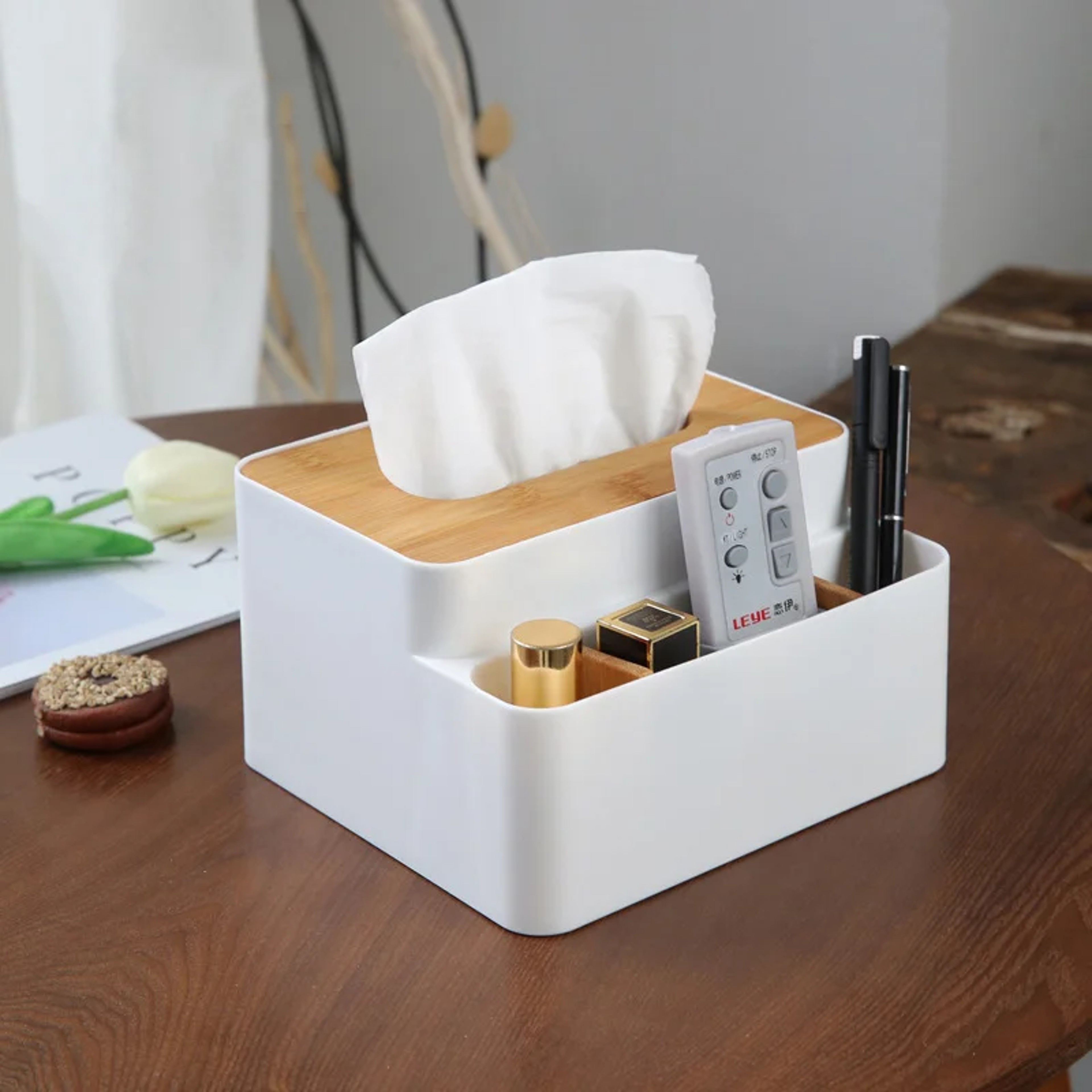 Bamboo Remote Control Organizer With 2 Compartments Desktop Storage Box 2