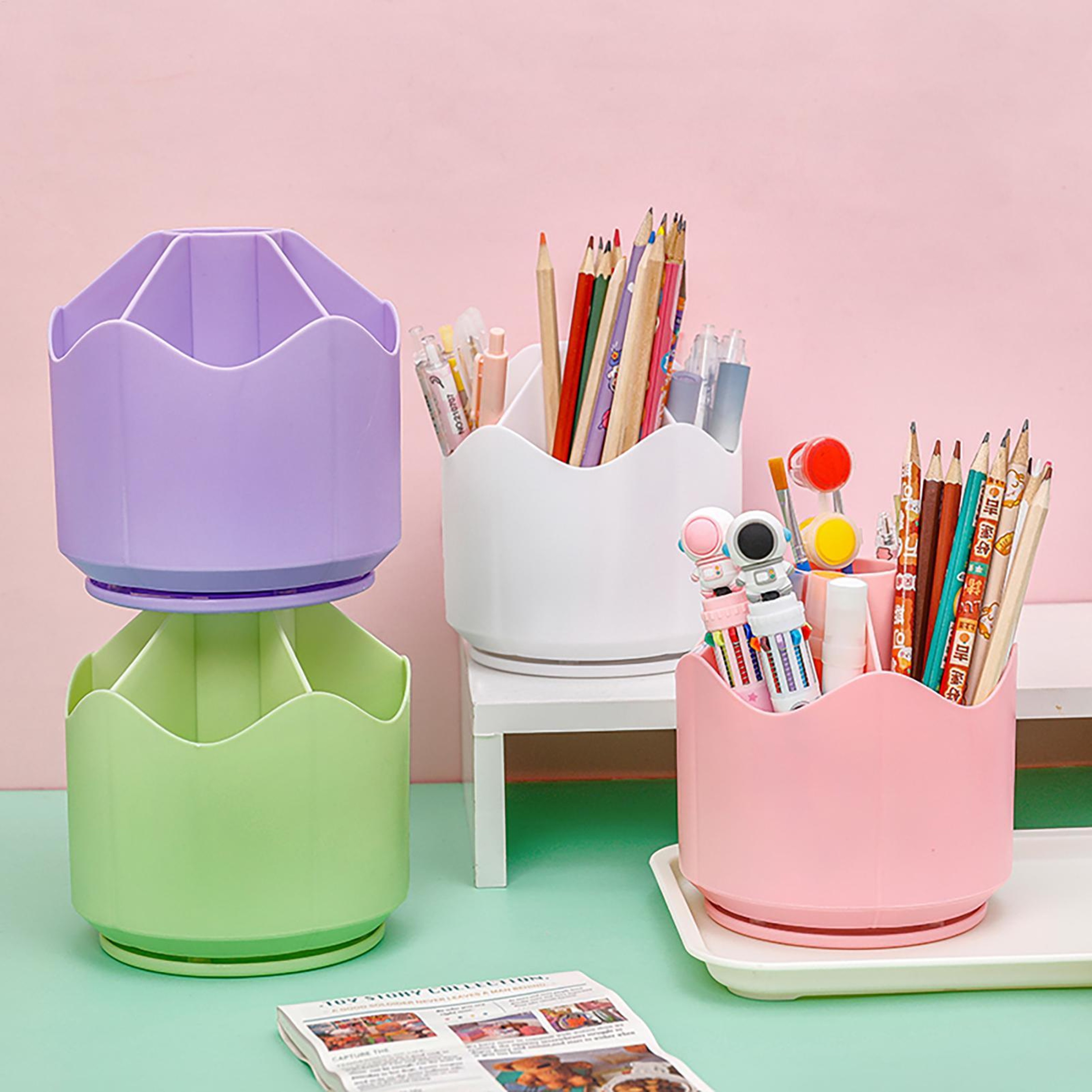 360 Degree Rotating Pen Holder Desk Organizer With 6 Compartments For Pens Markers Brushes And Stat 1