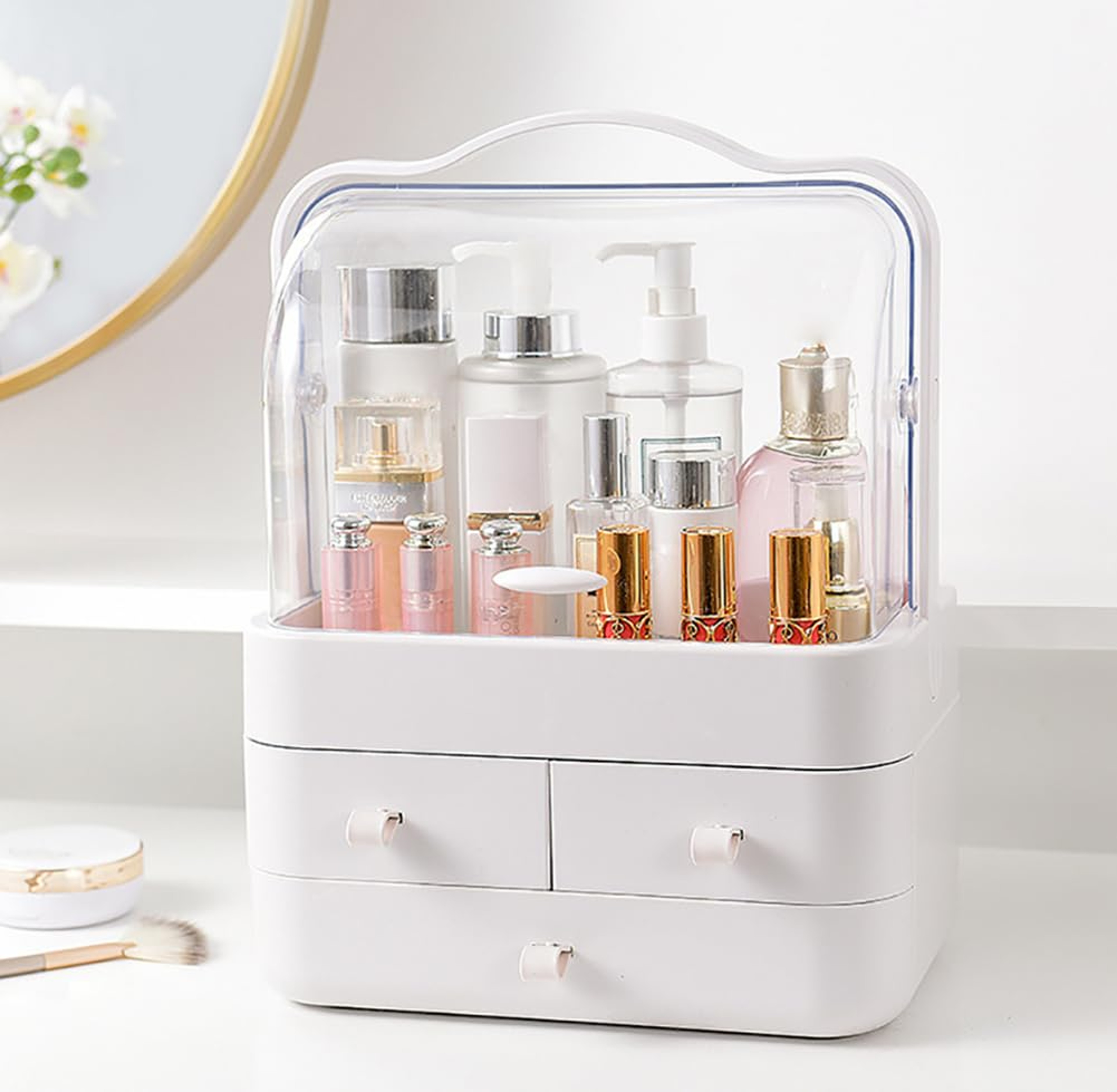 Large Makeup Organizer With Lid And 3 Drawers Dustproof Countertop Cosmetic Storage Box 0