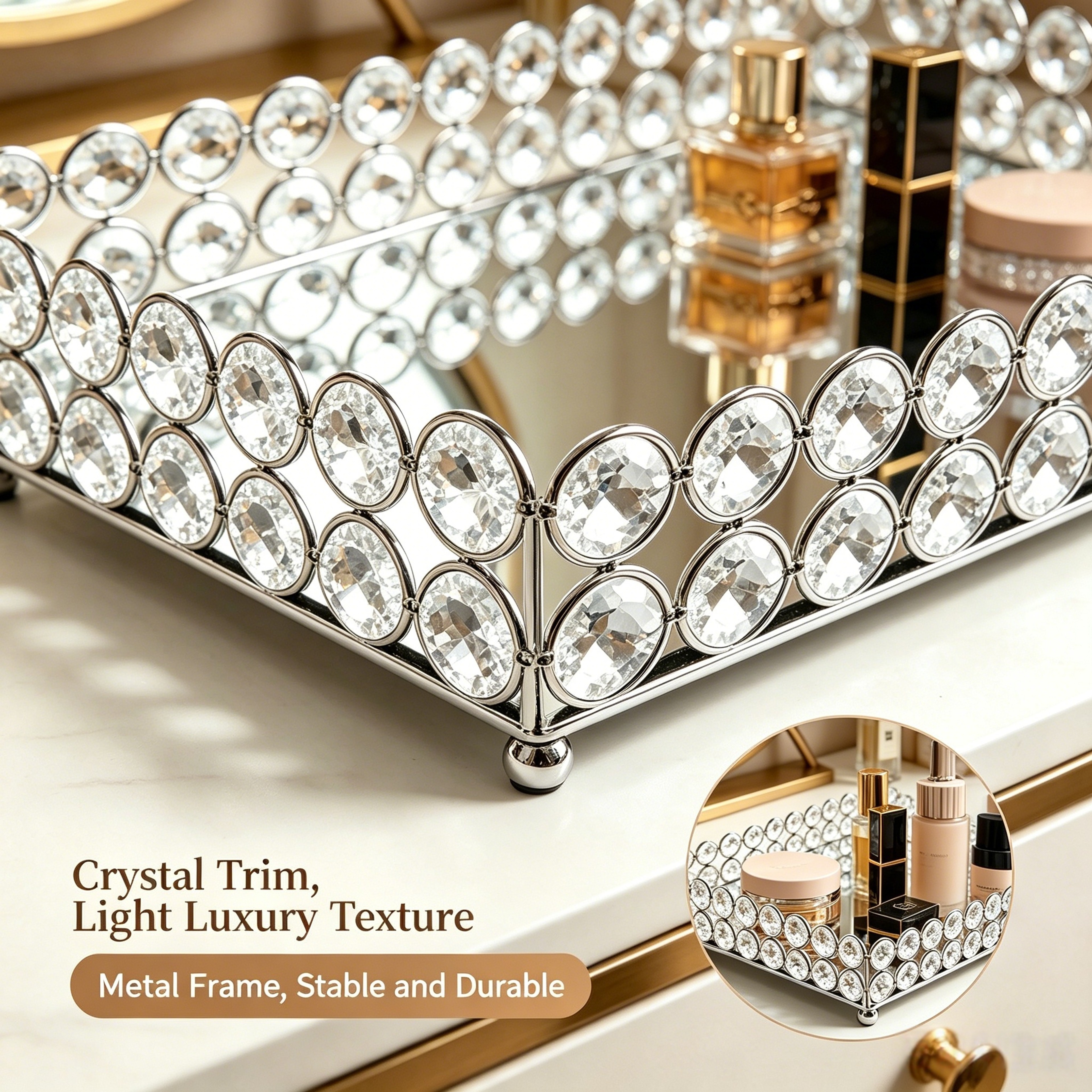 Luxury K9 Crystal Vanity Tray Mirrored Jewelry Organizer For Perfume And Cosmetics 4
