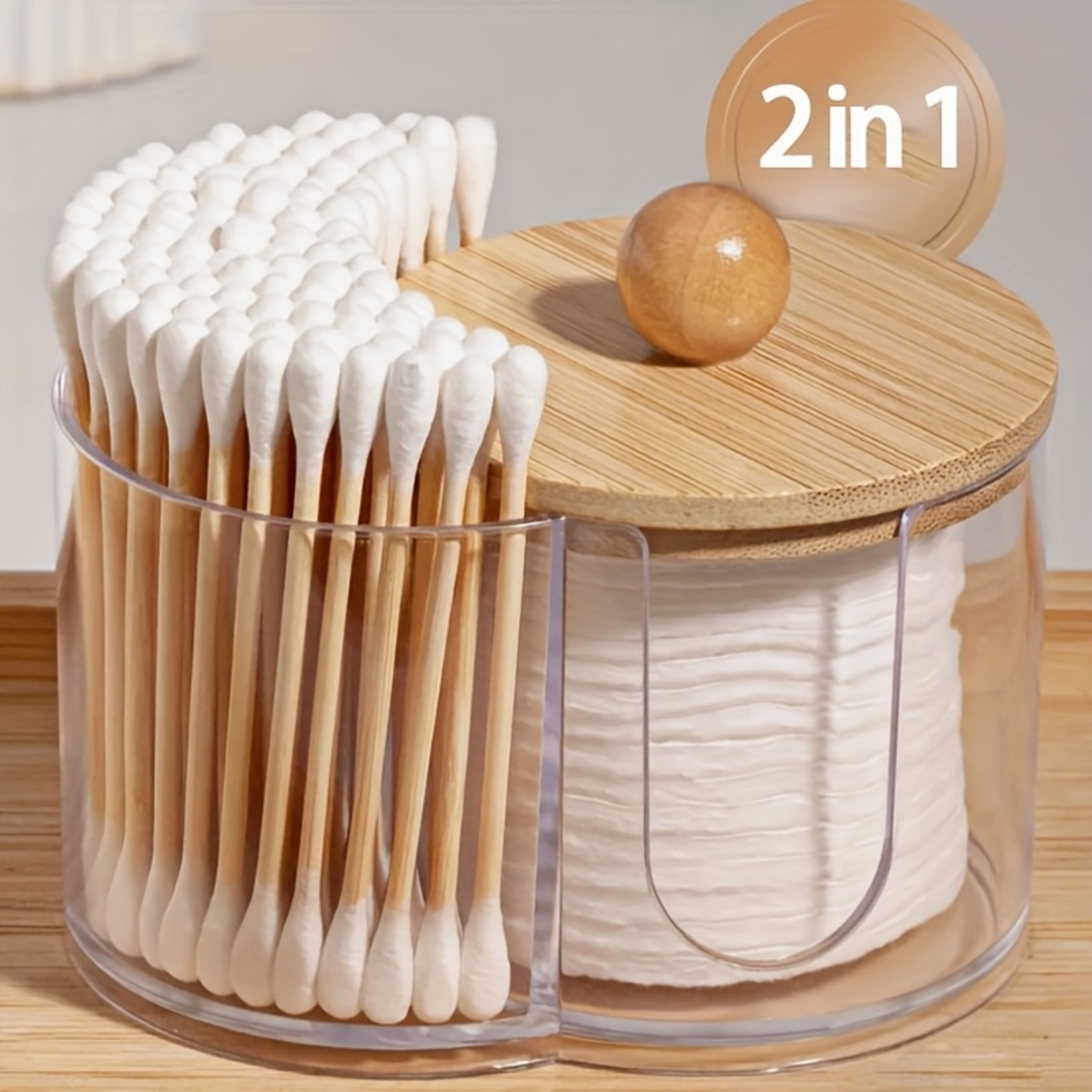 2 In 1 Bamboo Lid Cotton Pad And Floss Holder Bathroom Vanity Organizer 4