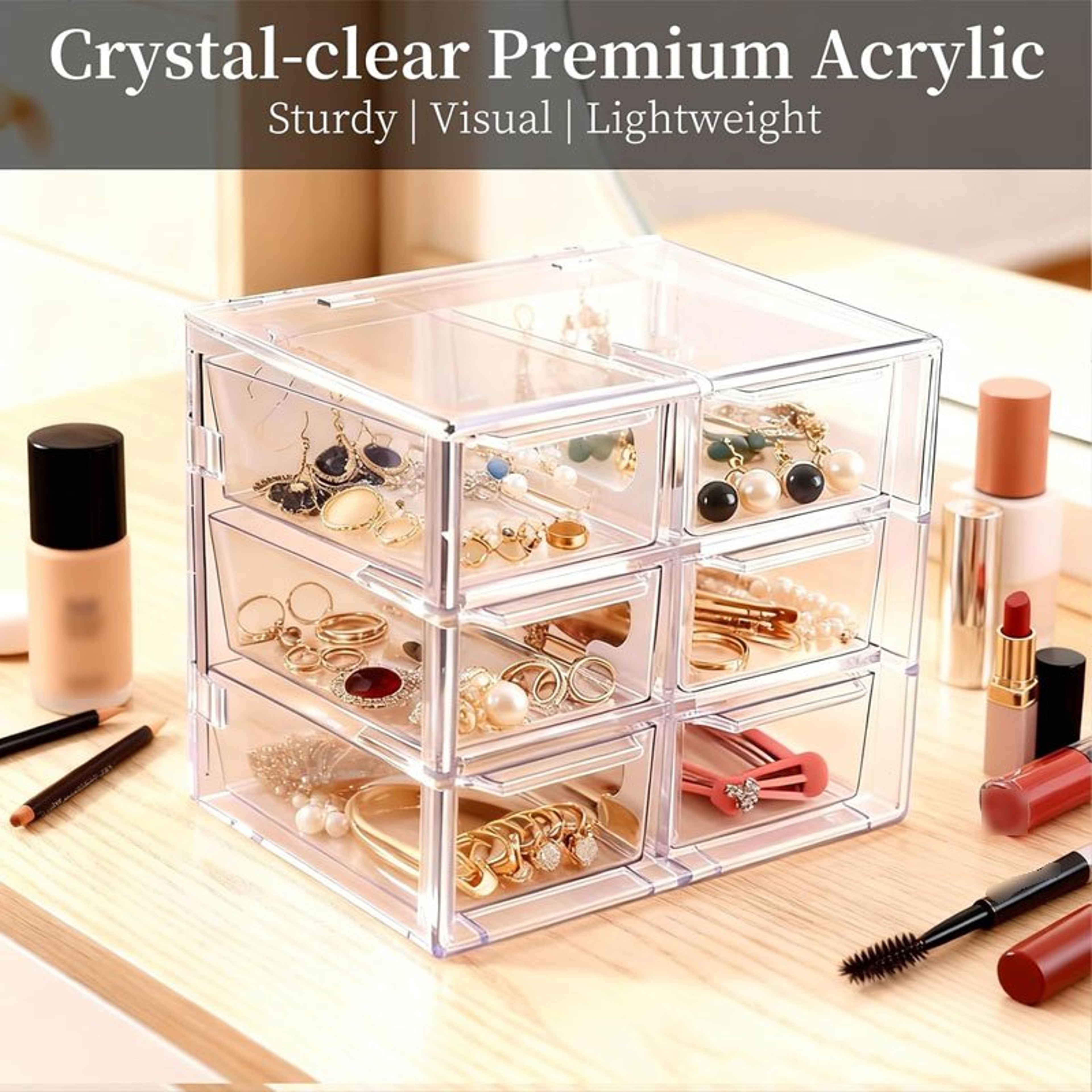 6 Drawer Transparent Storage Organizer Box Stackable Desktop Makeup Jewelry Craft Cabinet 5