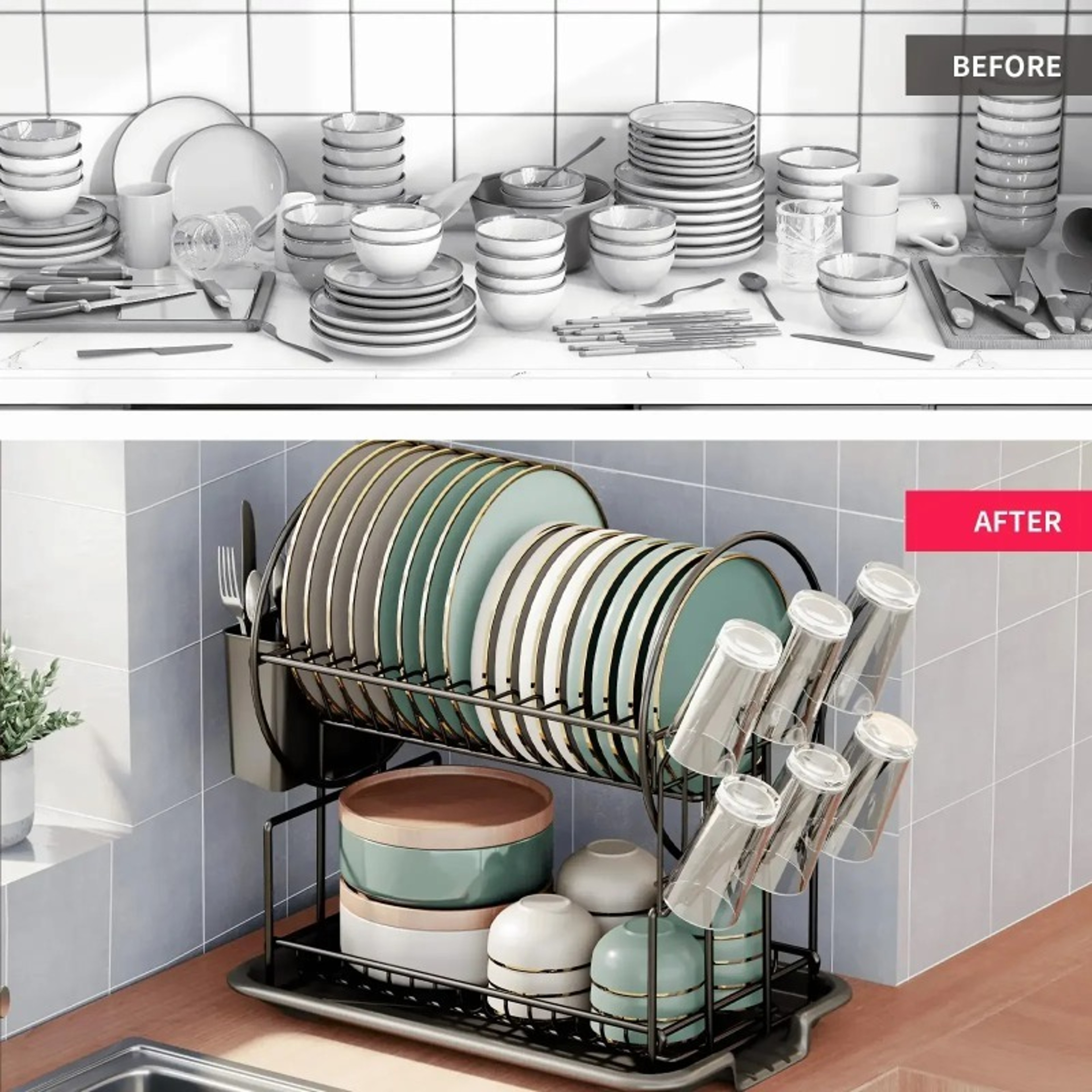 2 Tier Dish Drying Rack with Drainboard Cup Holder and Utensil Holder – view 3
