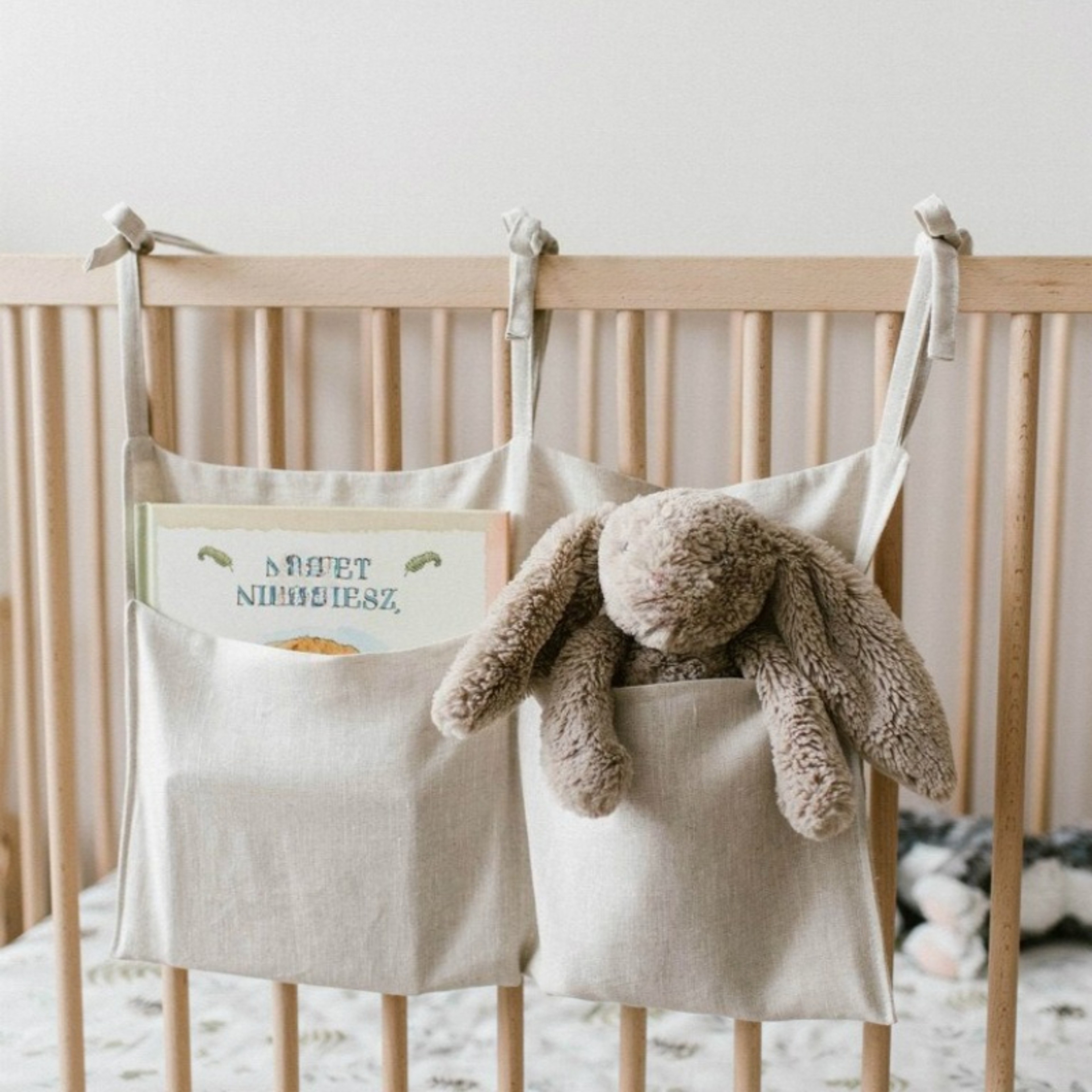 Baby Bedside Organizer Linen Crib Storage Bag With 2 Pockets For Diapers Toys And Nursery Essential 2