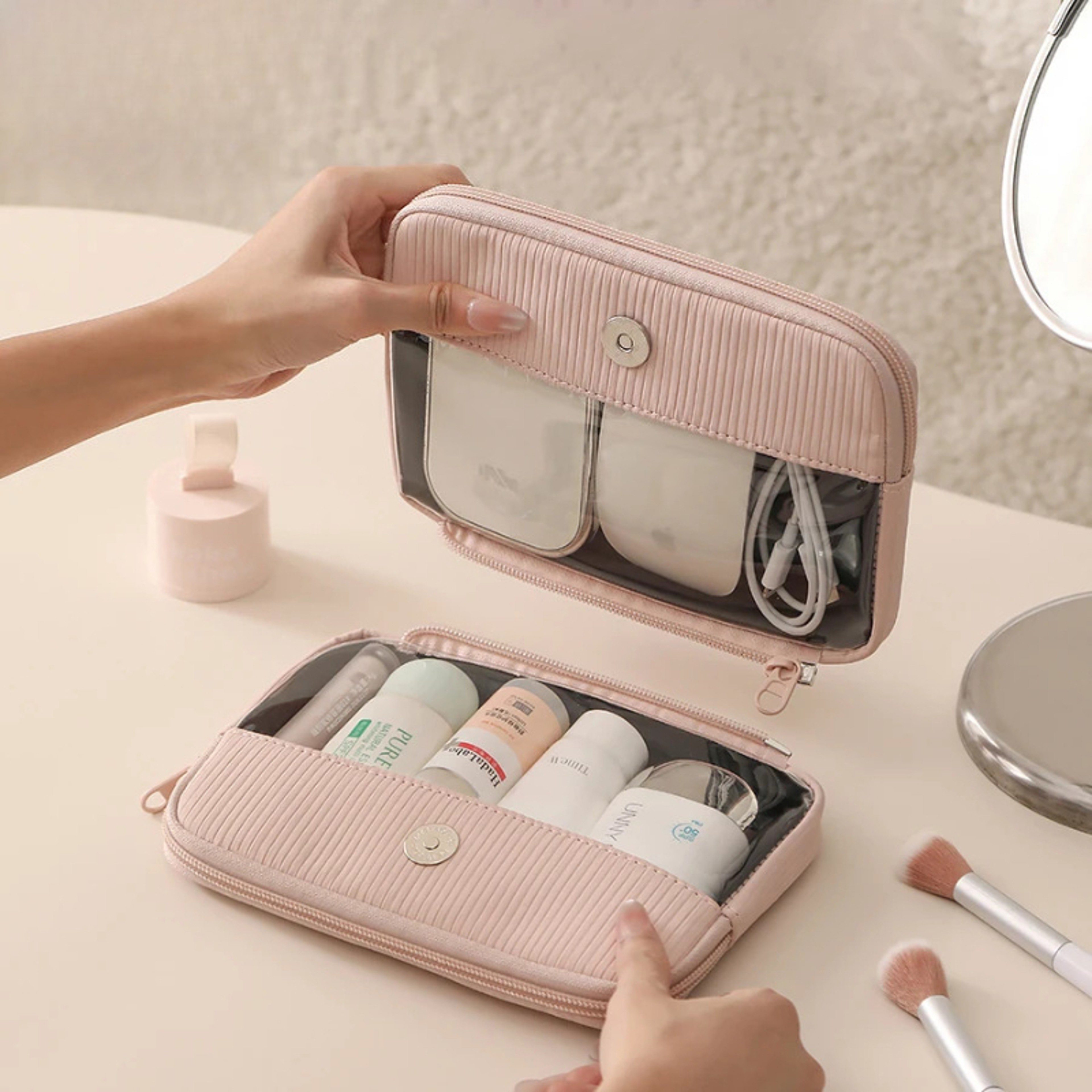 Large Travel Makeup Bag Waterproof Cosmetic Organizer With Detachable Double Layer Clear Window 1