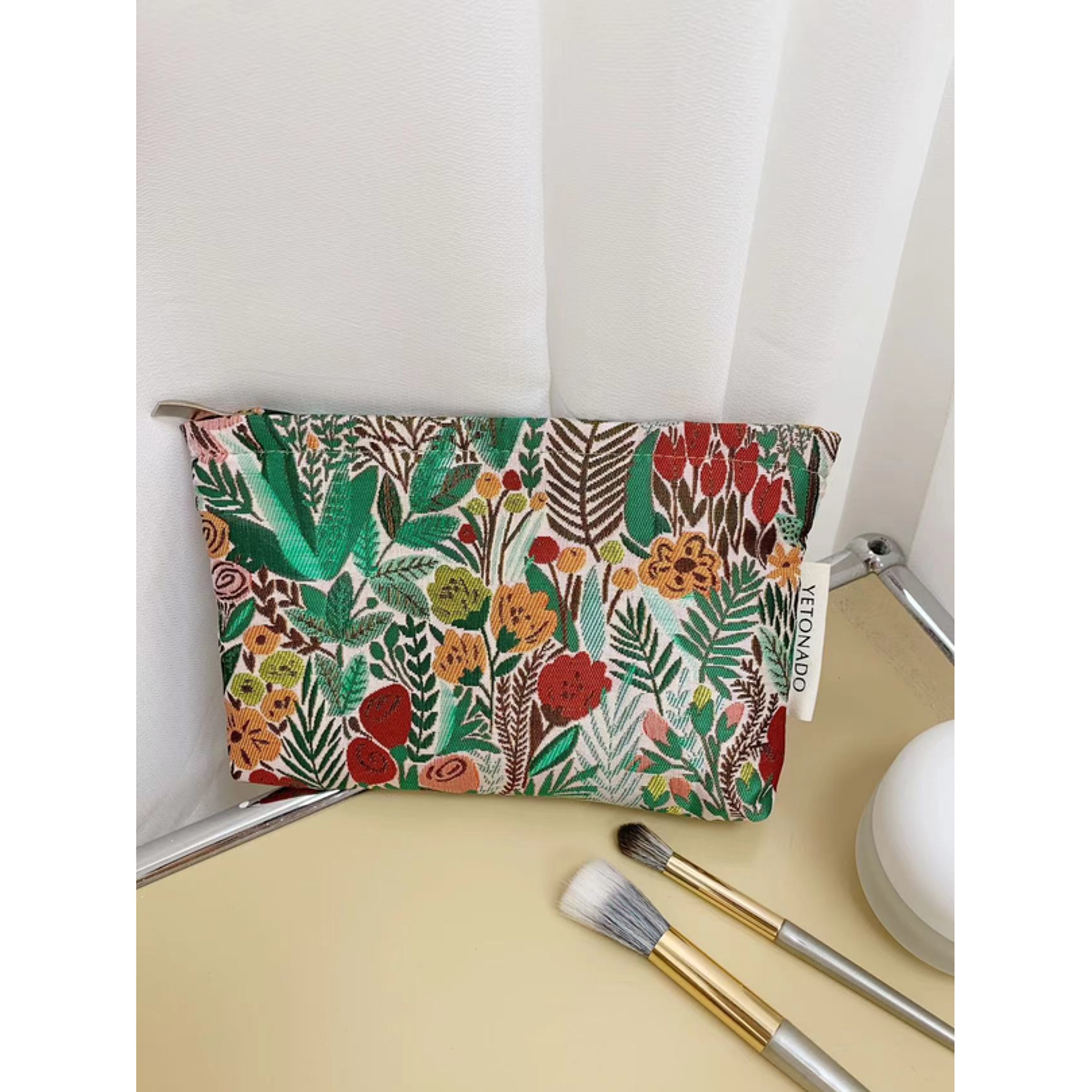 Green Forest Floral Embroidered Makeup Bag Large Capacity Travel Cosmetic Organizer 3