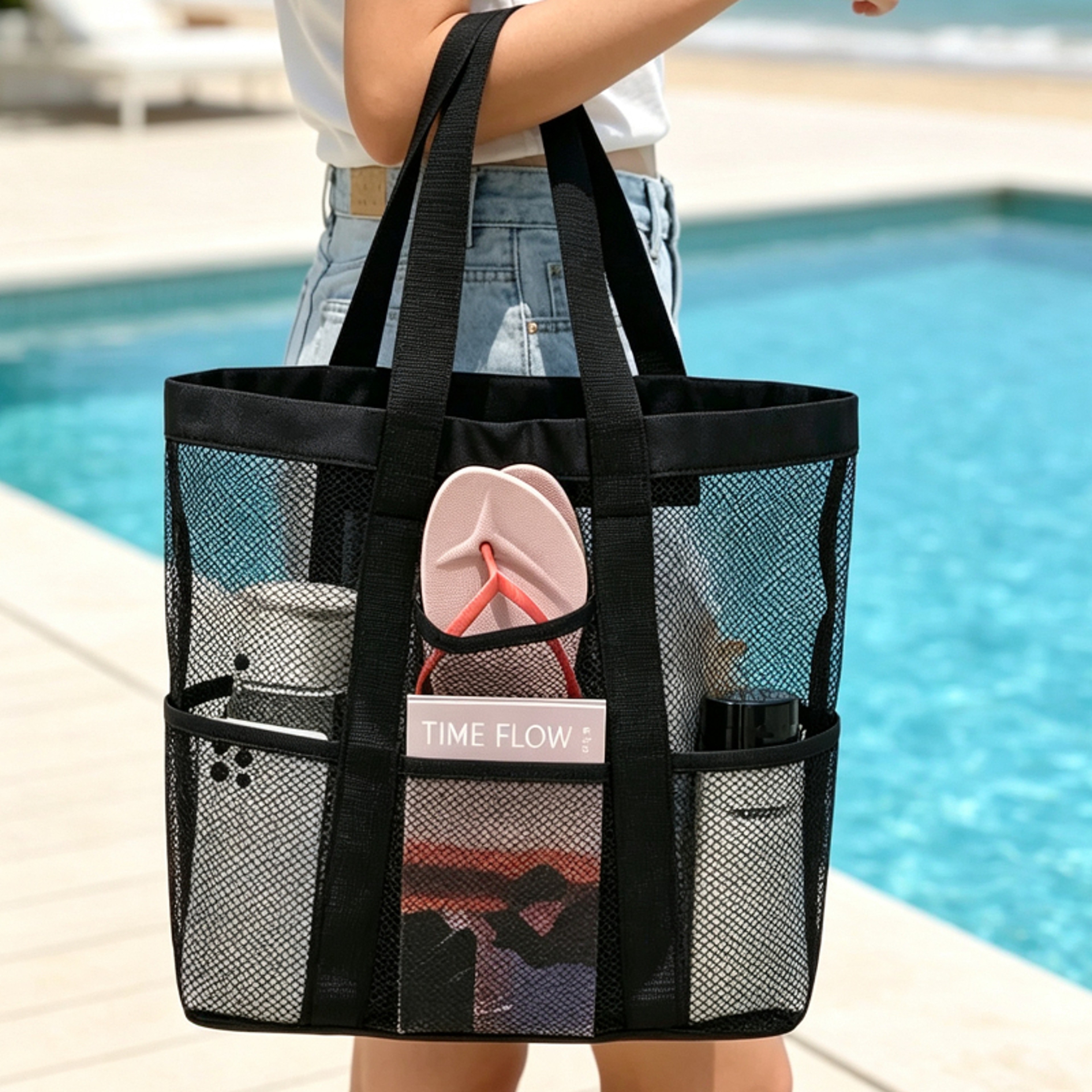 Large Capacity Mesh Beach Tote Bag Travel Organizer Swim And Cosmetic Storage Bag 6