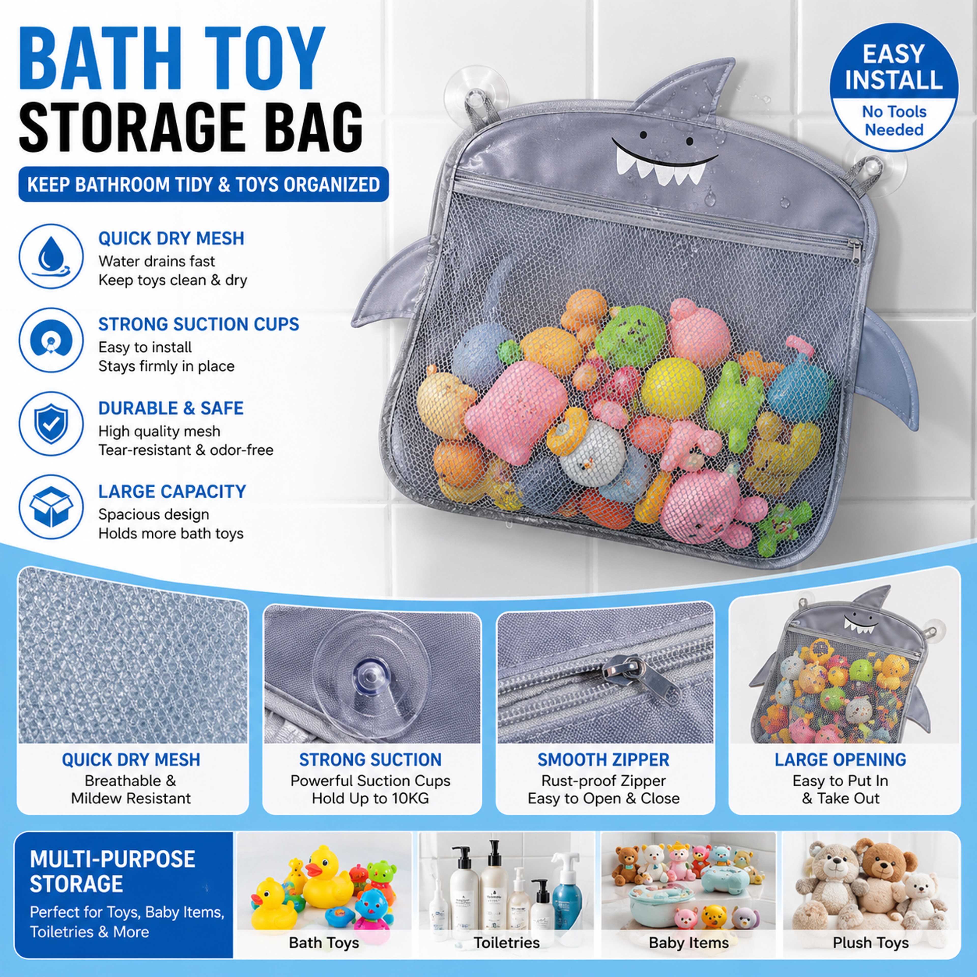 Kids Bath Toy Organizer Mesh Storage Bag With Suction Cups Quick Dry Bathroom Toy Holder 1