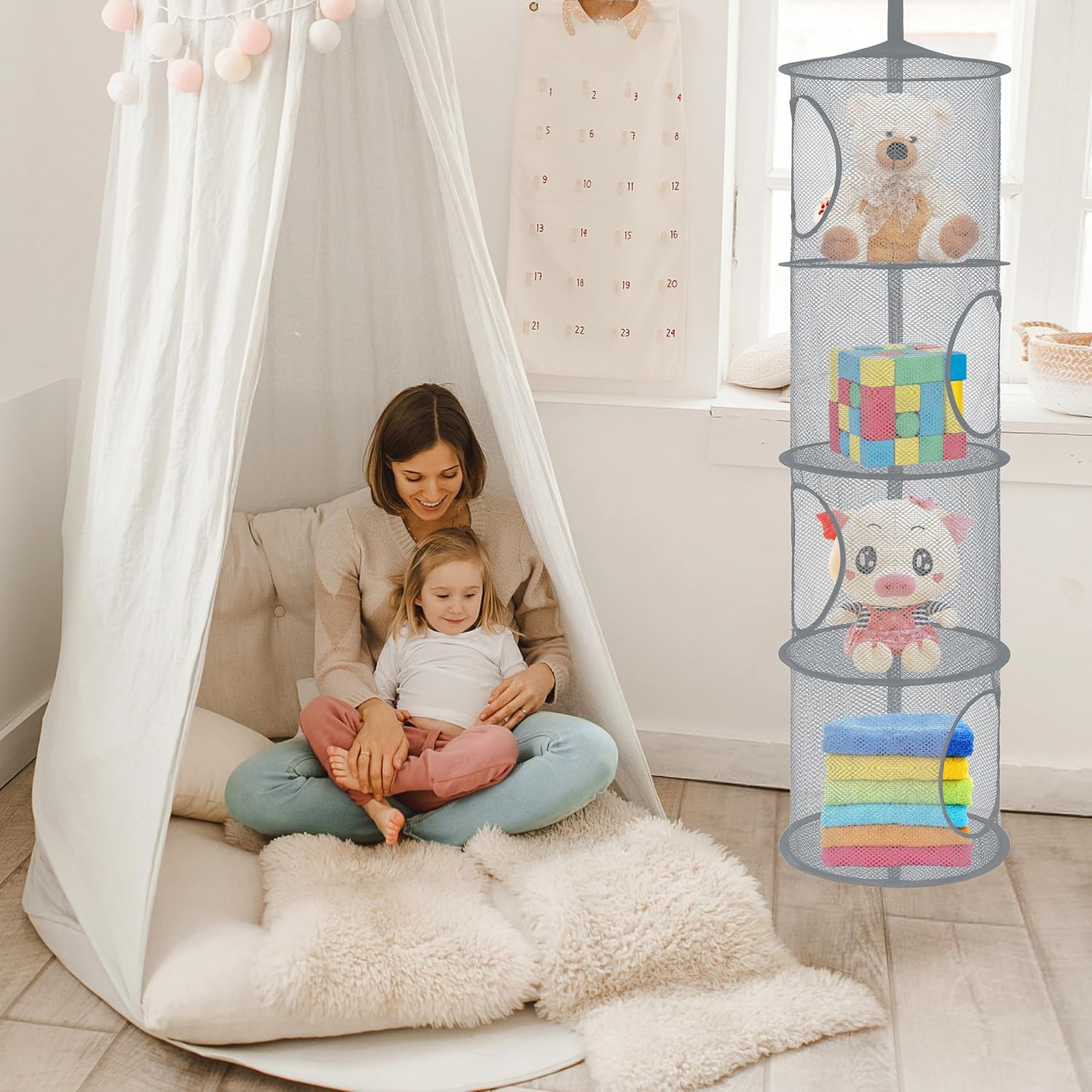 Hanging Toy Organizer 4 Compartments Mesh Storage Basket Space Saving Kids Toy Storage – view 2