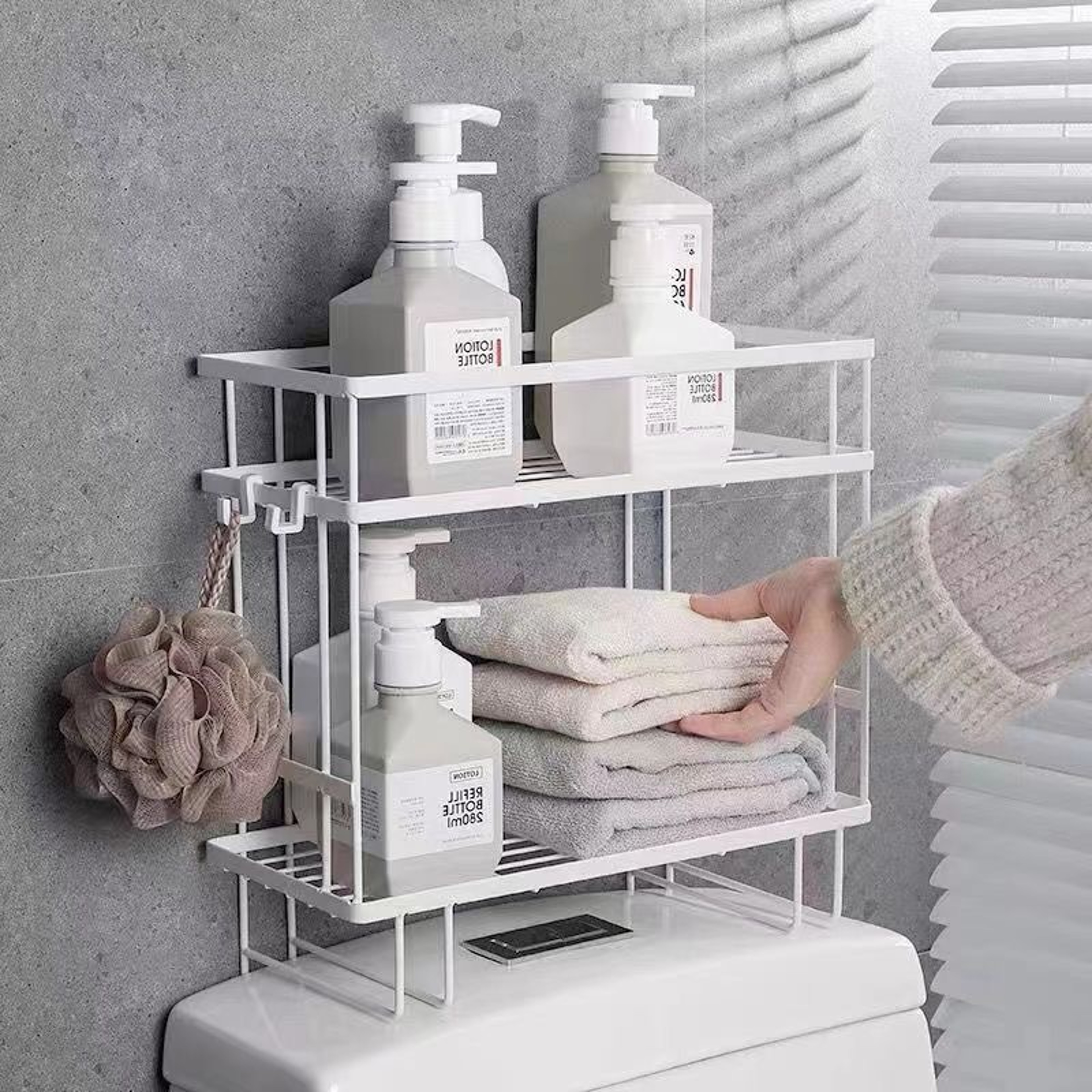 No Drill Bathroom Storage Rack Wall Mounted Shelf for Shampoo Towels and Cosmetics – view 1