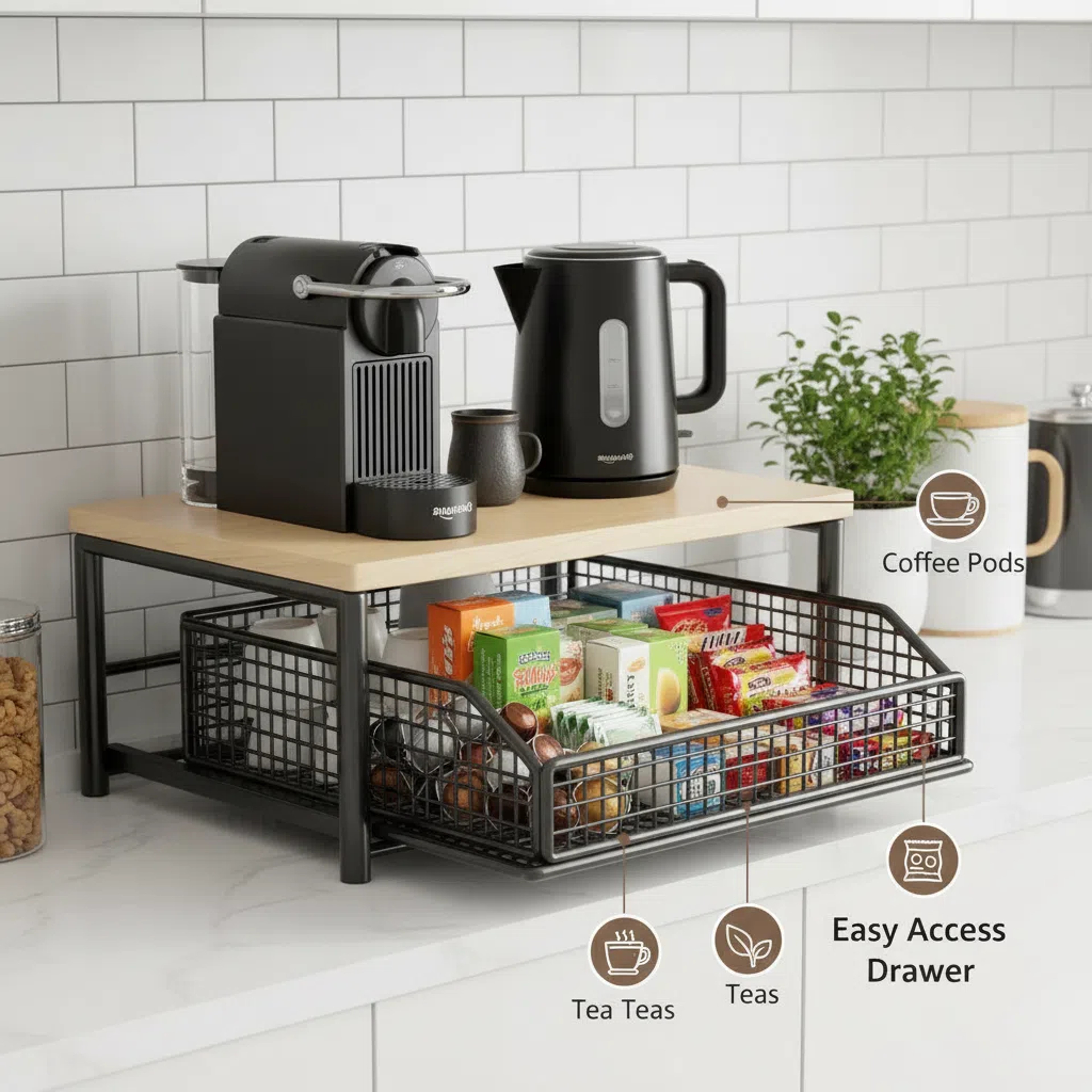 Modern Wood Metal Coffee Station Organizer With Pull Out Basket Desktop Storage Rack 2