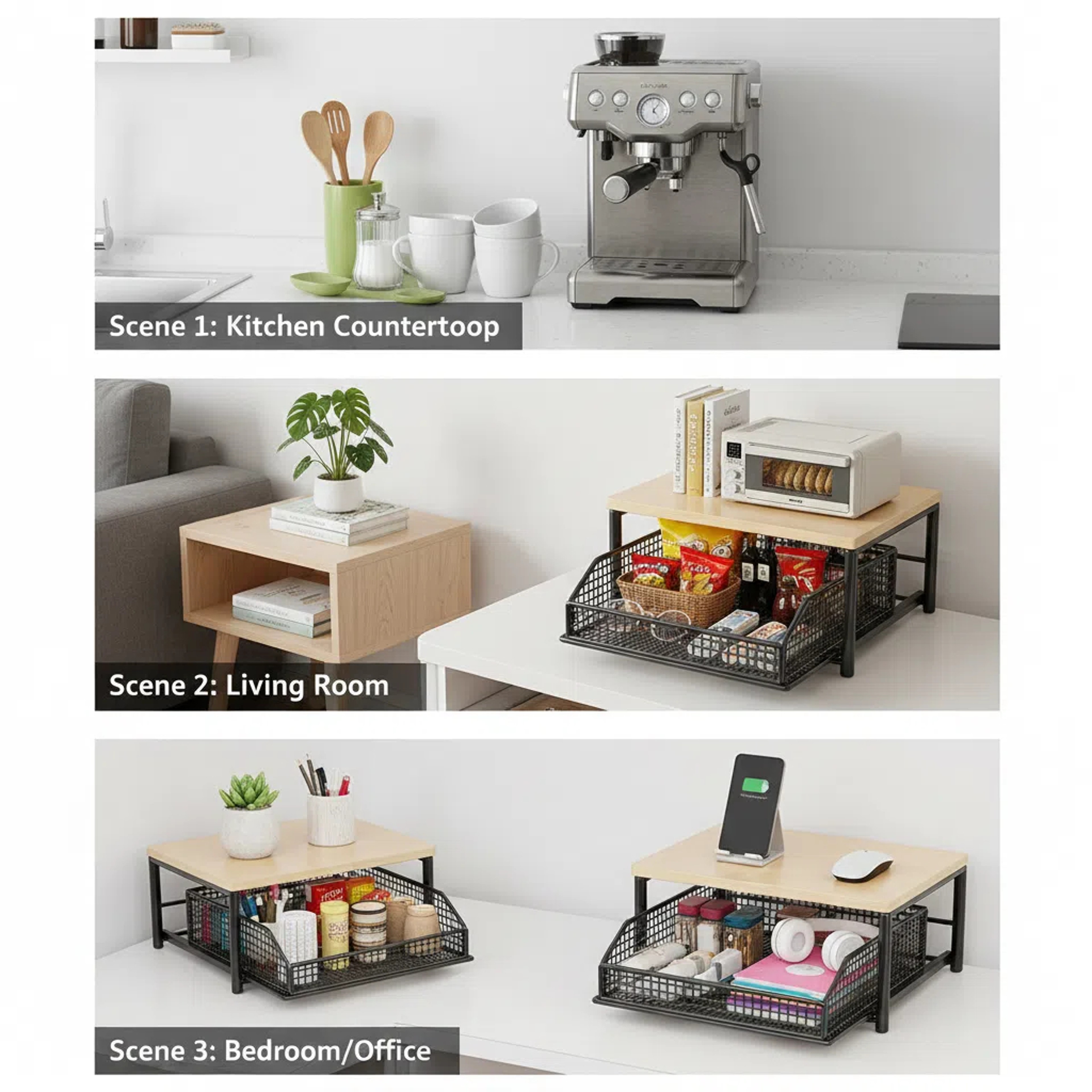 Modern Wood Metal Coffee Station Organizer With Pull Out Basket Desktop Storage Rack 5