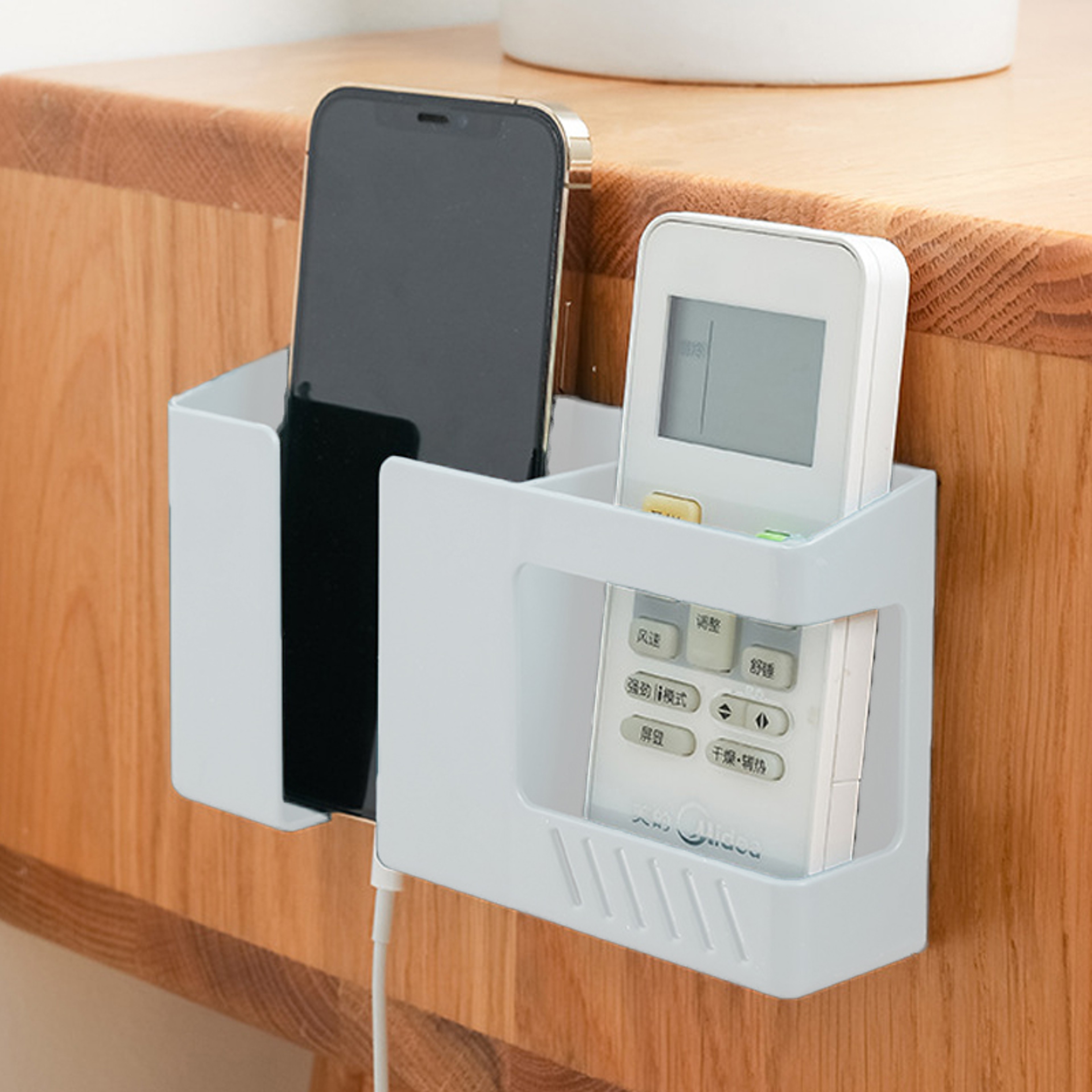 2 In 1 Wall Mounted Remote Control Holder Phone Charging Holder Punch Free Organizer 1