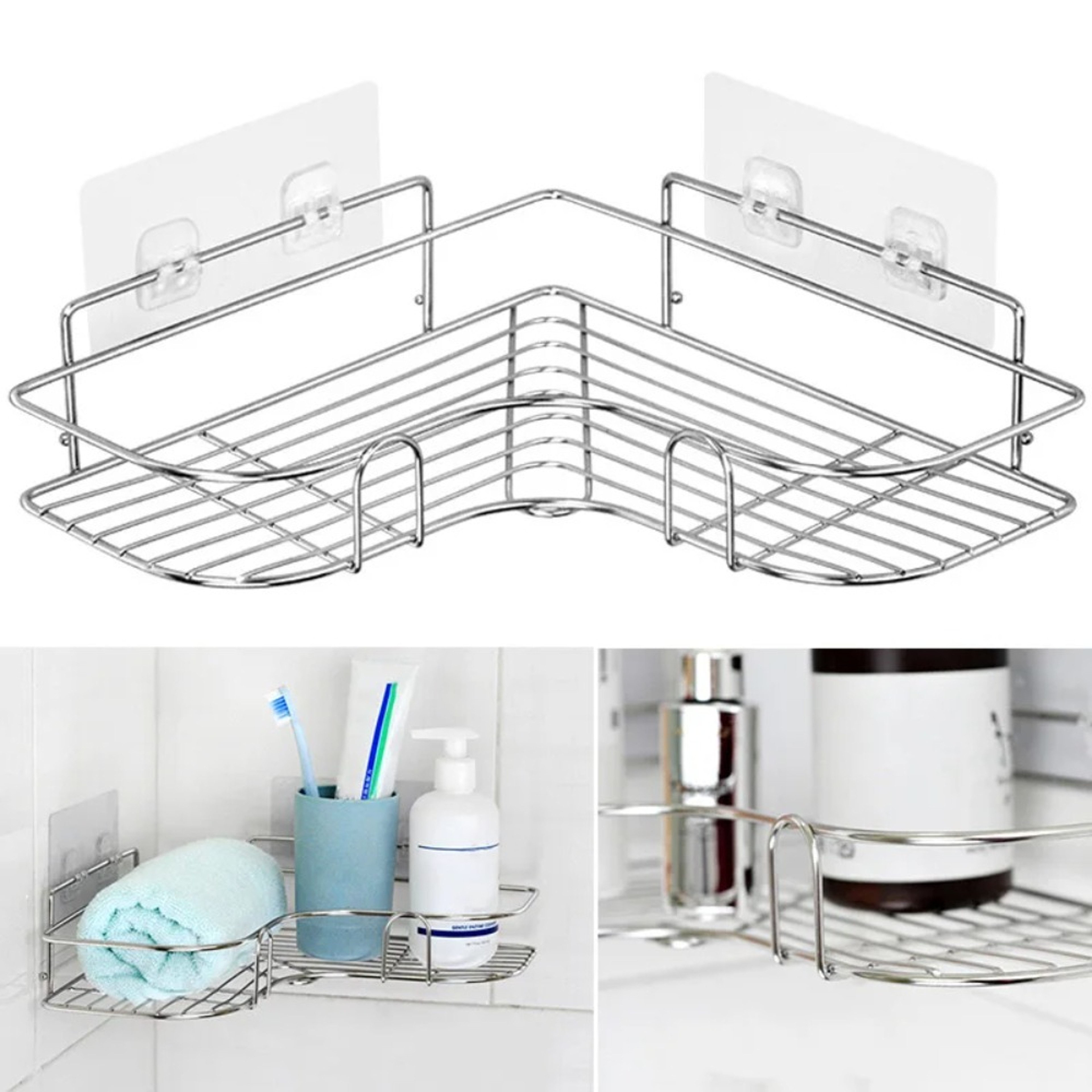 Stainless Steel Corner Shower Shelf No Drill Bathroom Organizer For Shampoo And Toiletries 1