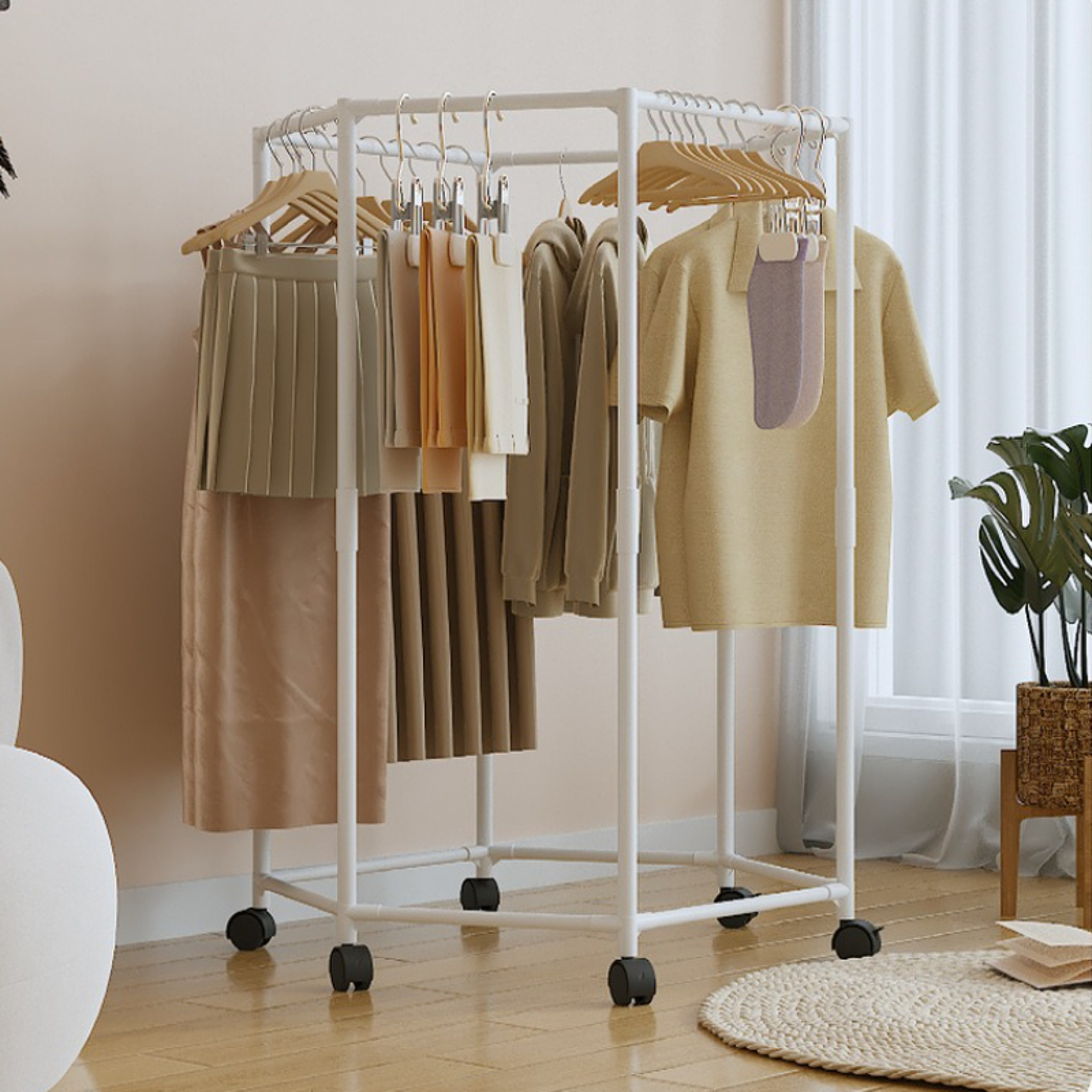 Hexagon Rotating Clothes Rack Floor Hanger Movable Garment Organizer For Dormitory Bedroom 2