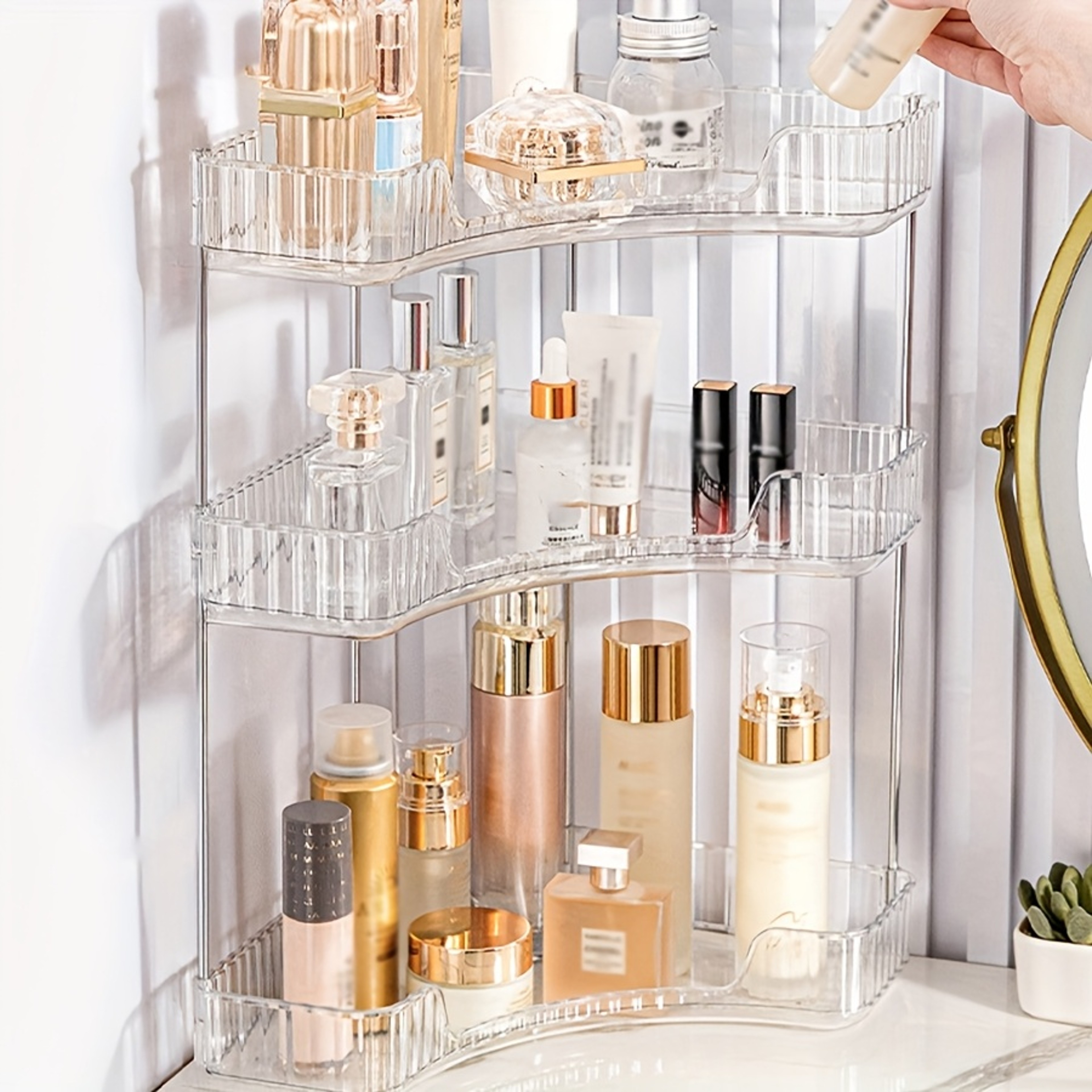 2pcs 3 Tier Corner Makeup Organizer Transparent Cosmetic Storage Rack With Folding Comb 3