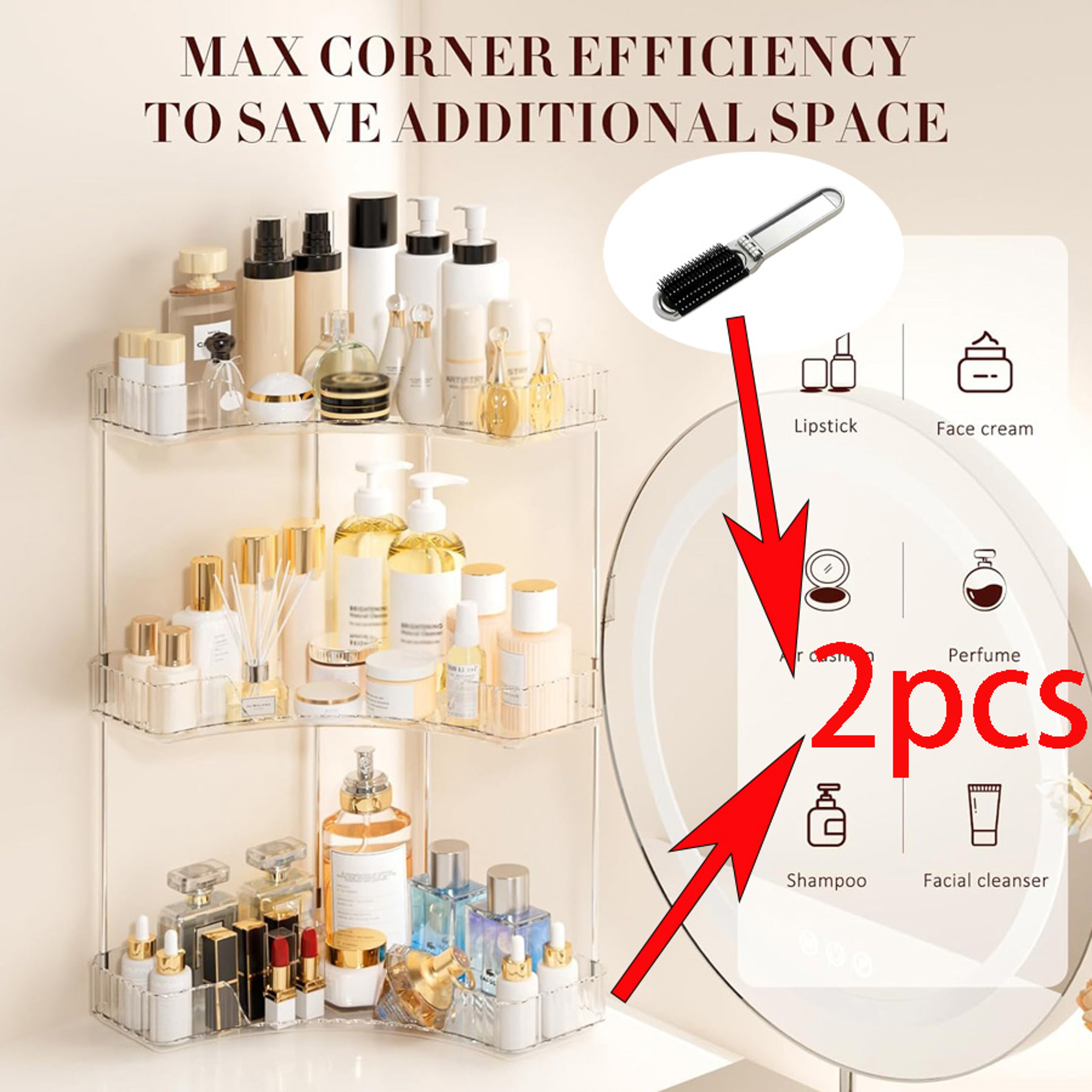 2pcs 3 Tier Corner Makeup Organizer Transparent Cosmetic Storage Rack With Folding Comb 6