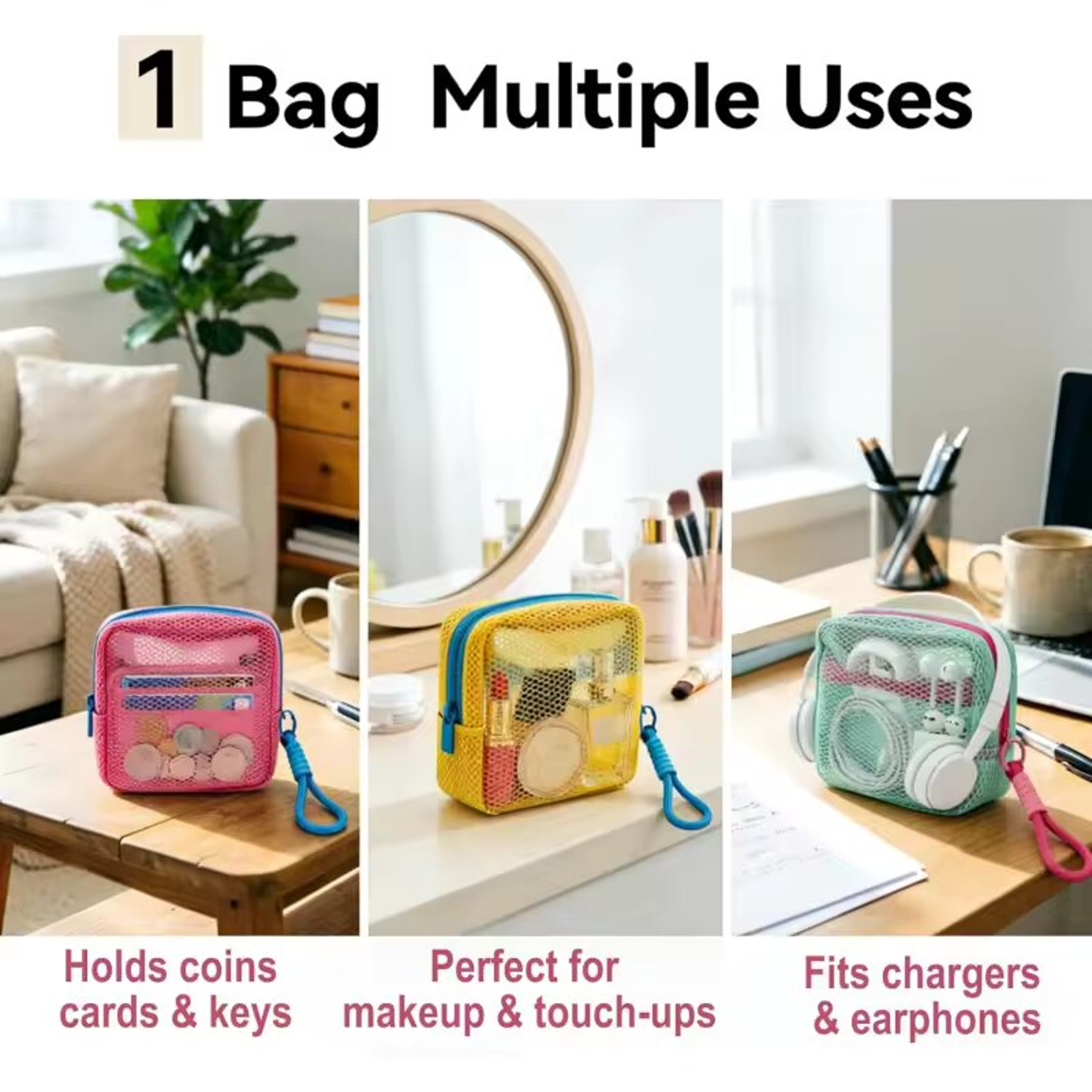 Small Mesh Beach Pouch With Wrist Strap Clear Cosmetic Travel Organizer 6
