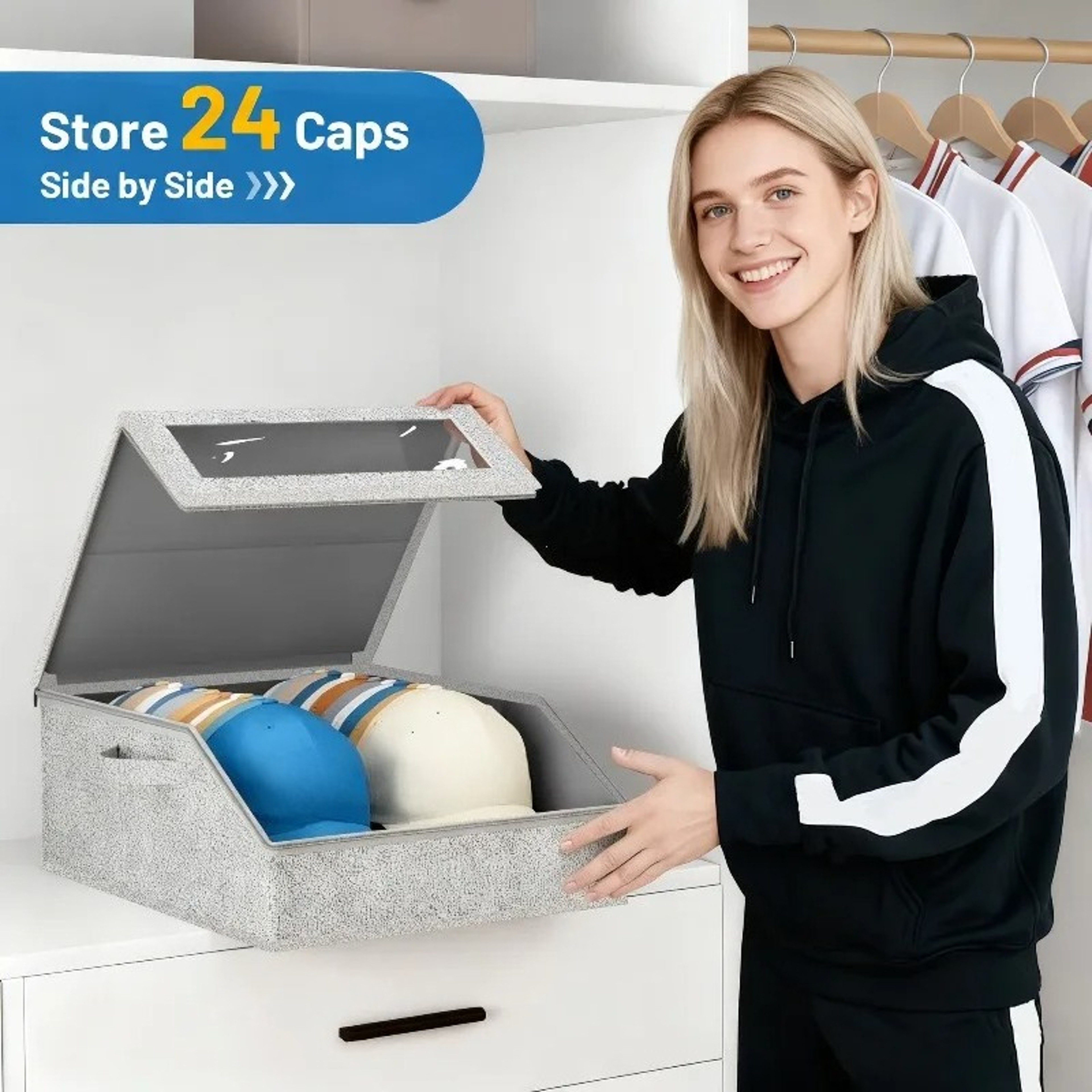 24 Cap Baseball Cap Organizer Foldable Dustproof Hat Storage Box For Closet 2