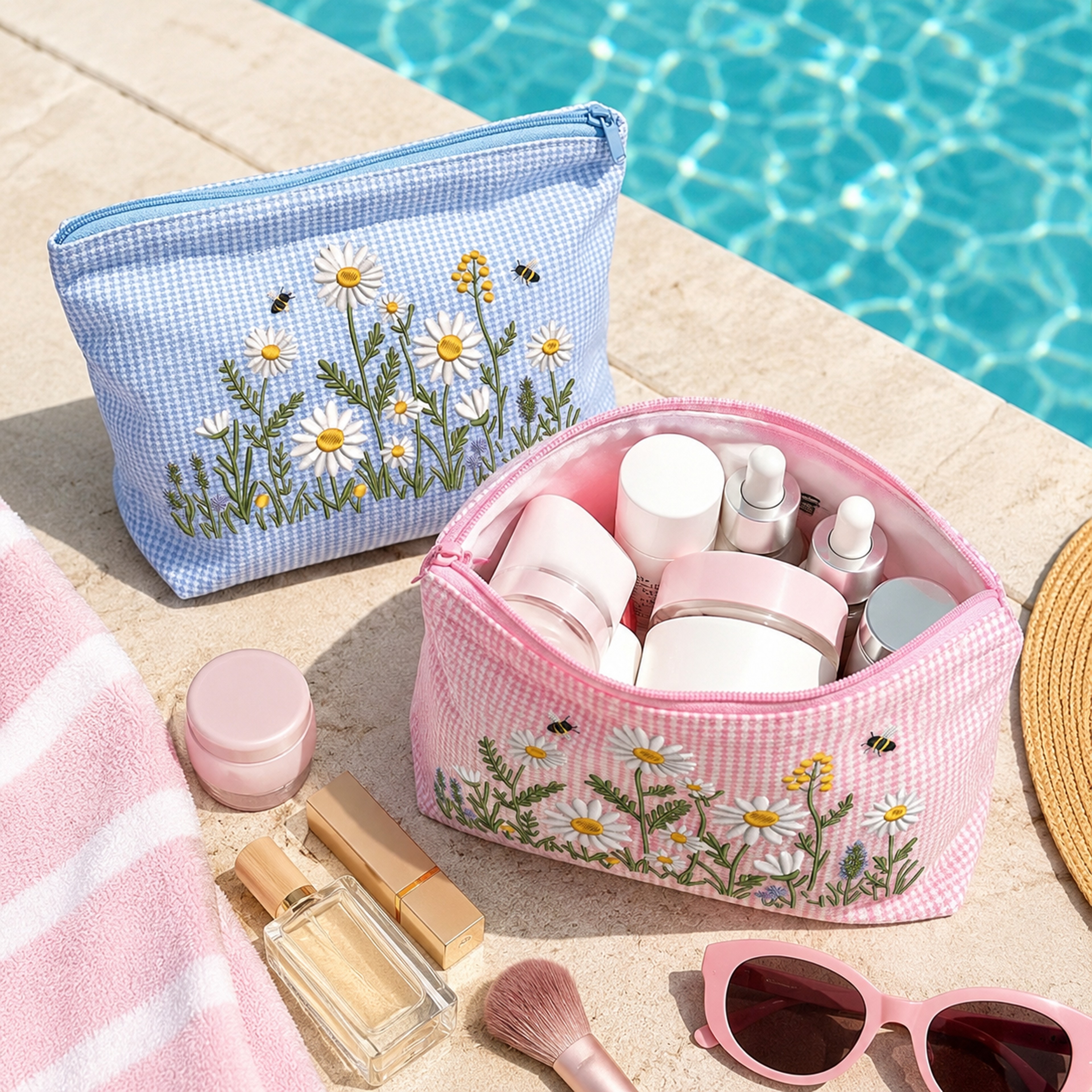 Daisy Embroidered Cosmetic Bag Large Gingham Travel Makeup Bag And Toiletry Organizer 3