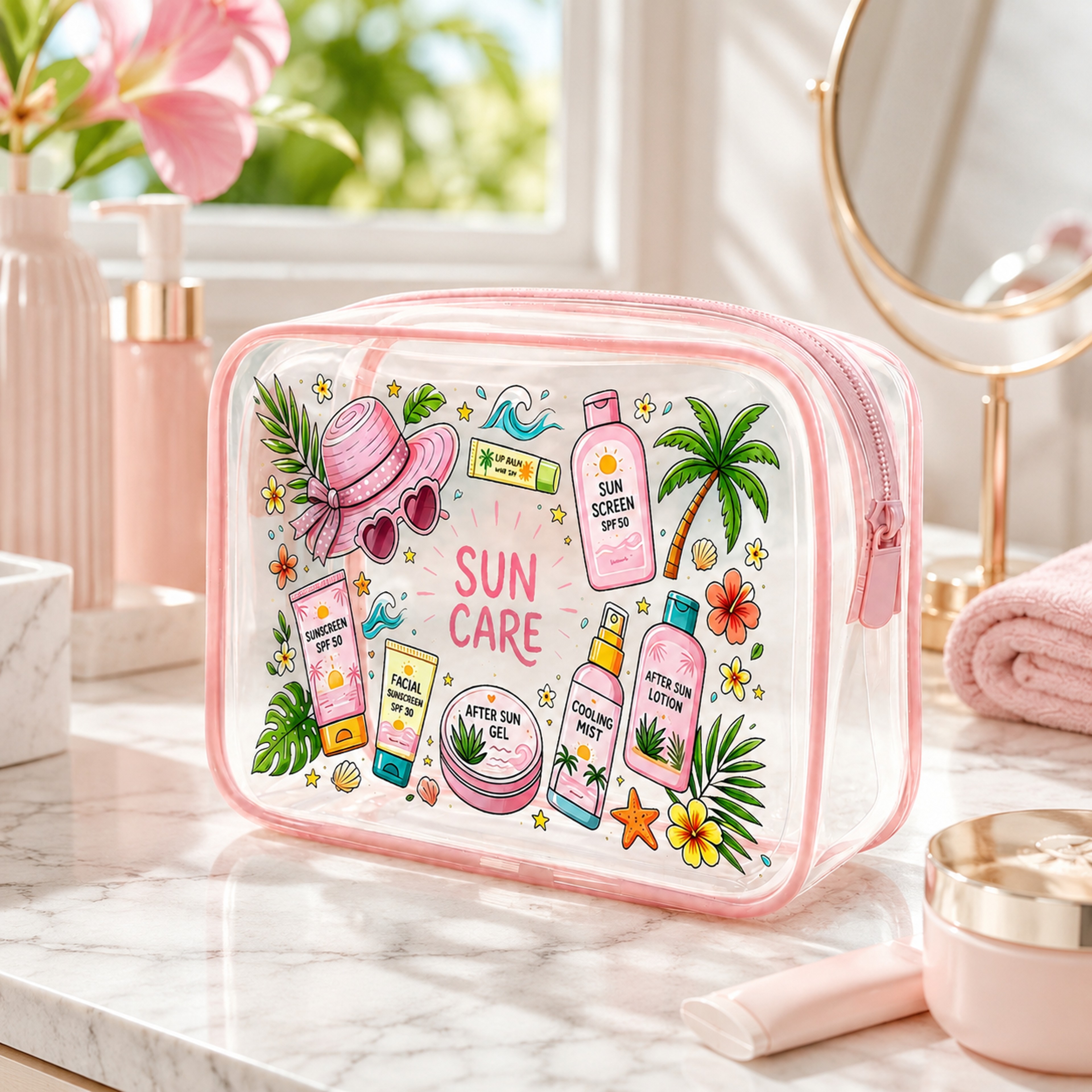 Pink Clear Makeup Bag Waterproof PVC Travel Toiletry Bag With Double Zipper Organizer 2
