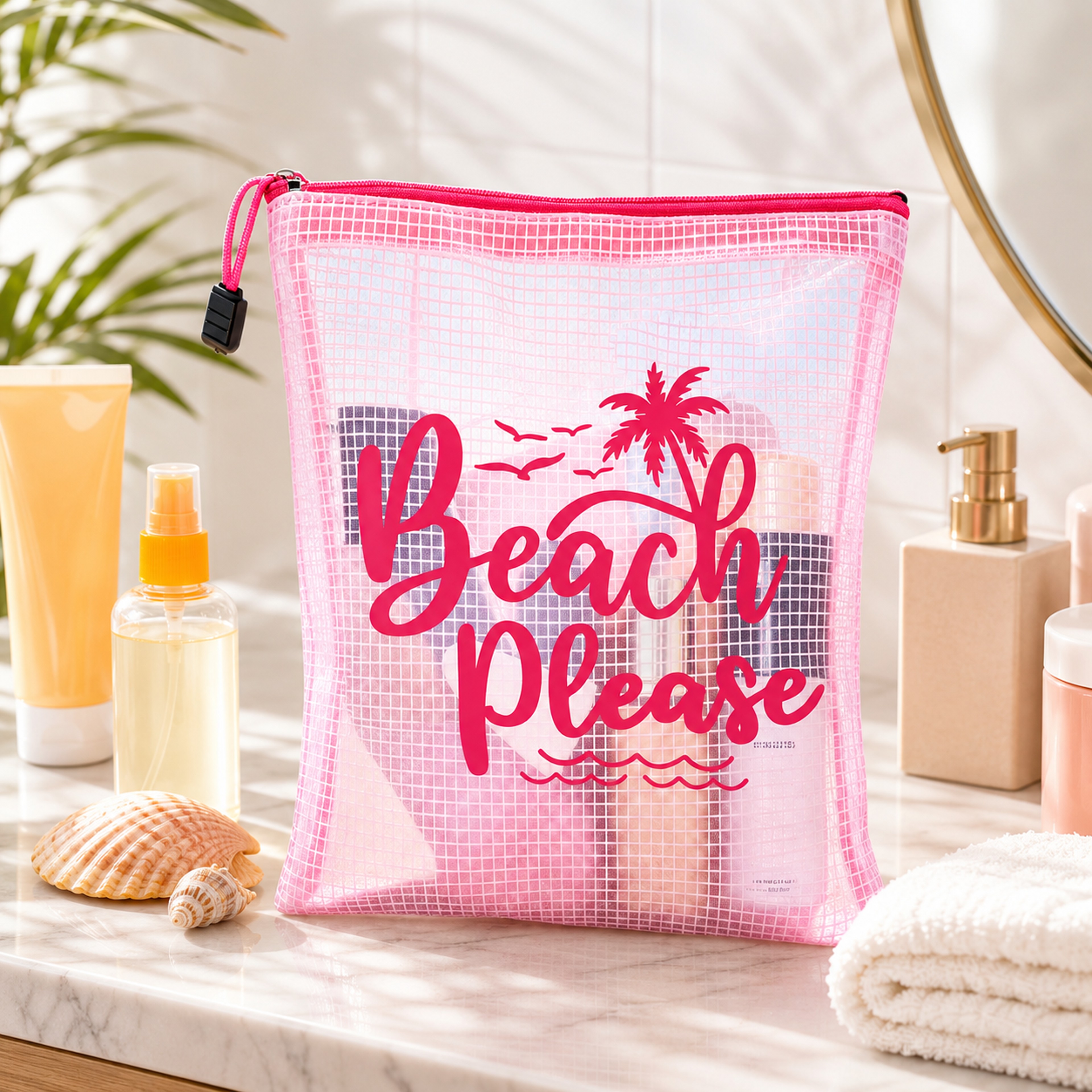 Beach Please Pink Clear Makeup Bag Waterproof Palm Print Travel Toiletry Pouch 2
