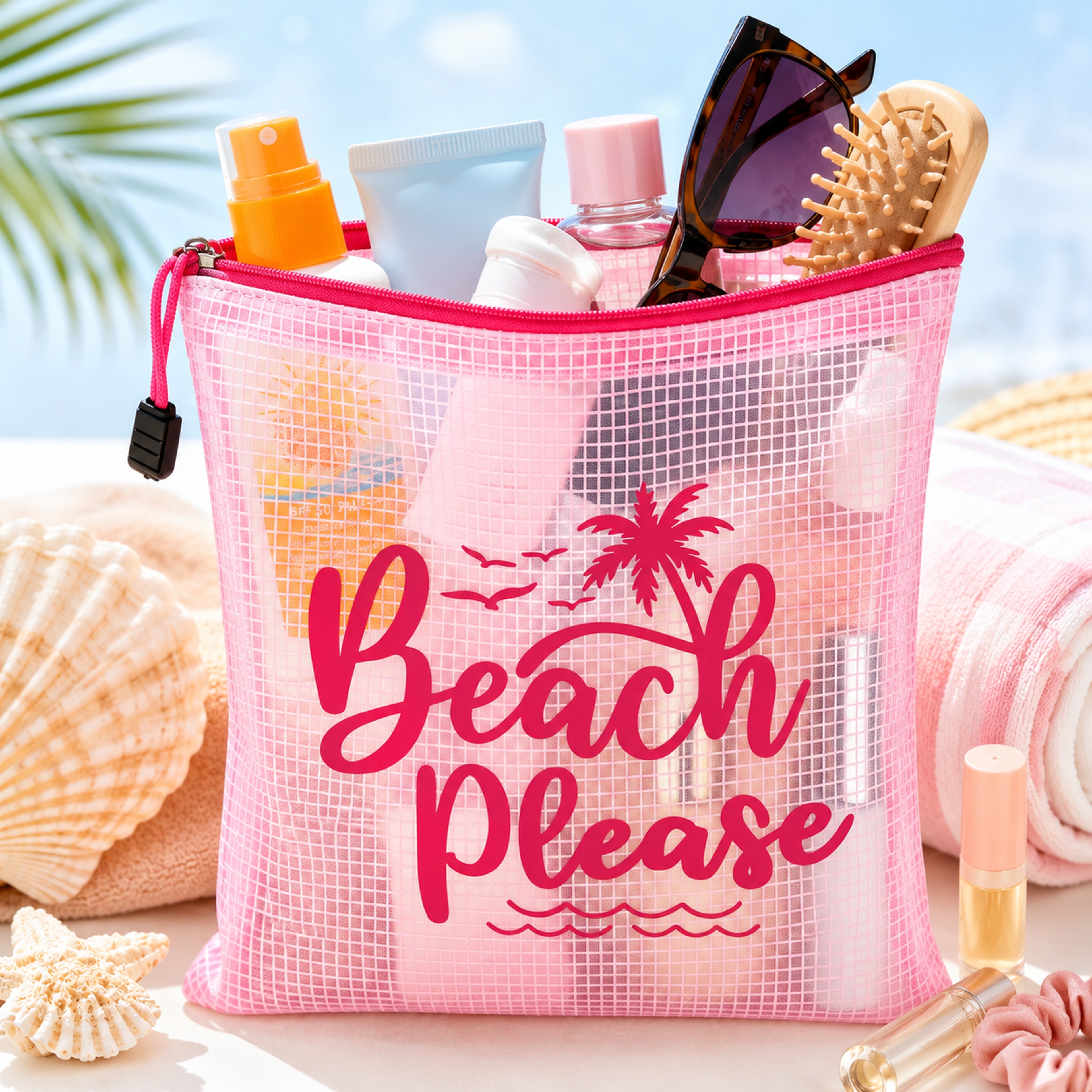 Beach Please Pink Clear Makeup Bag Waterproof Palm Print Travel Toiletry Pouch 5