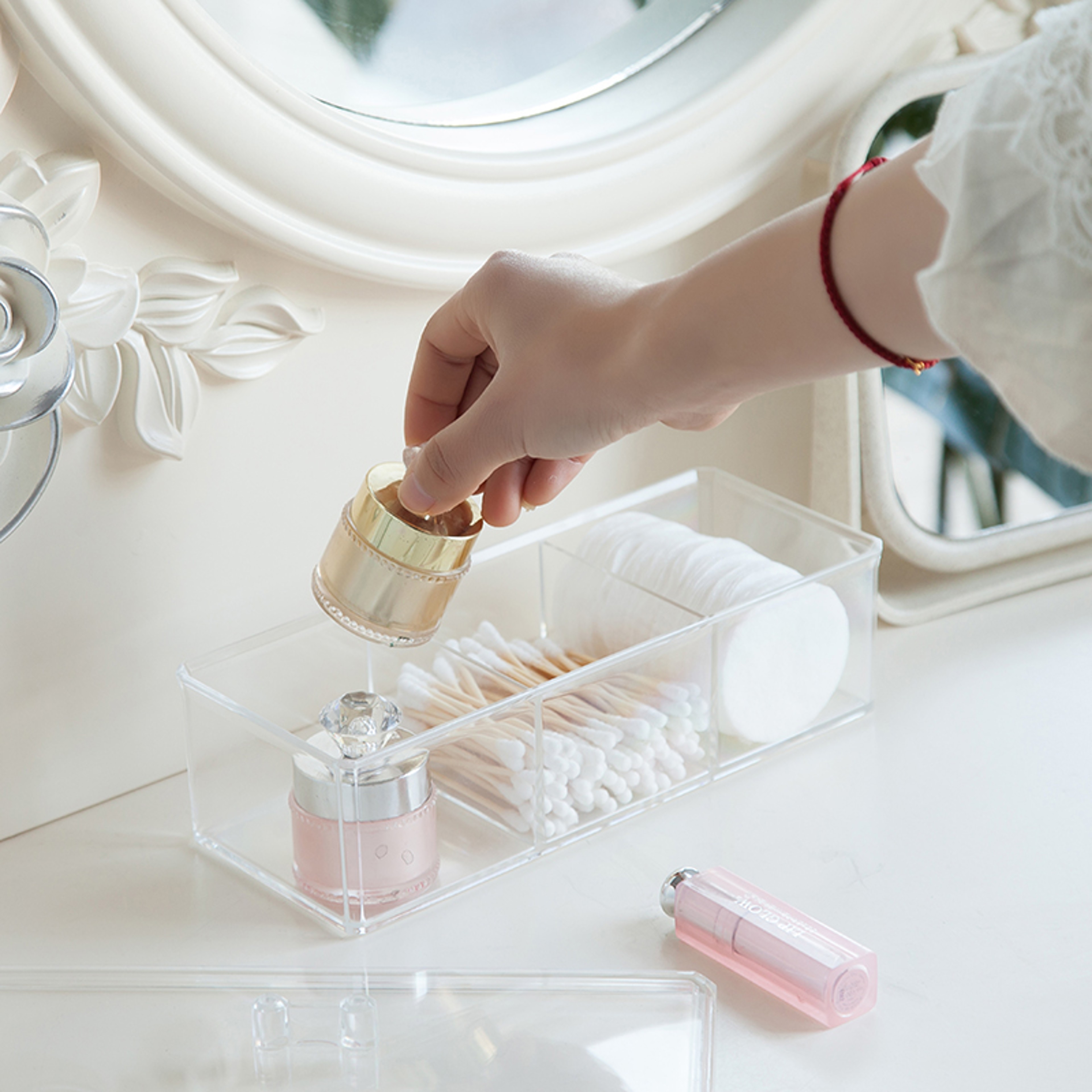 Clear Acrylic Makeup Organizer With Cotton Swab Holder And Cotton Pad Storage 4