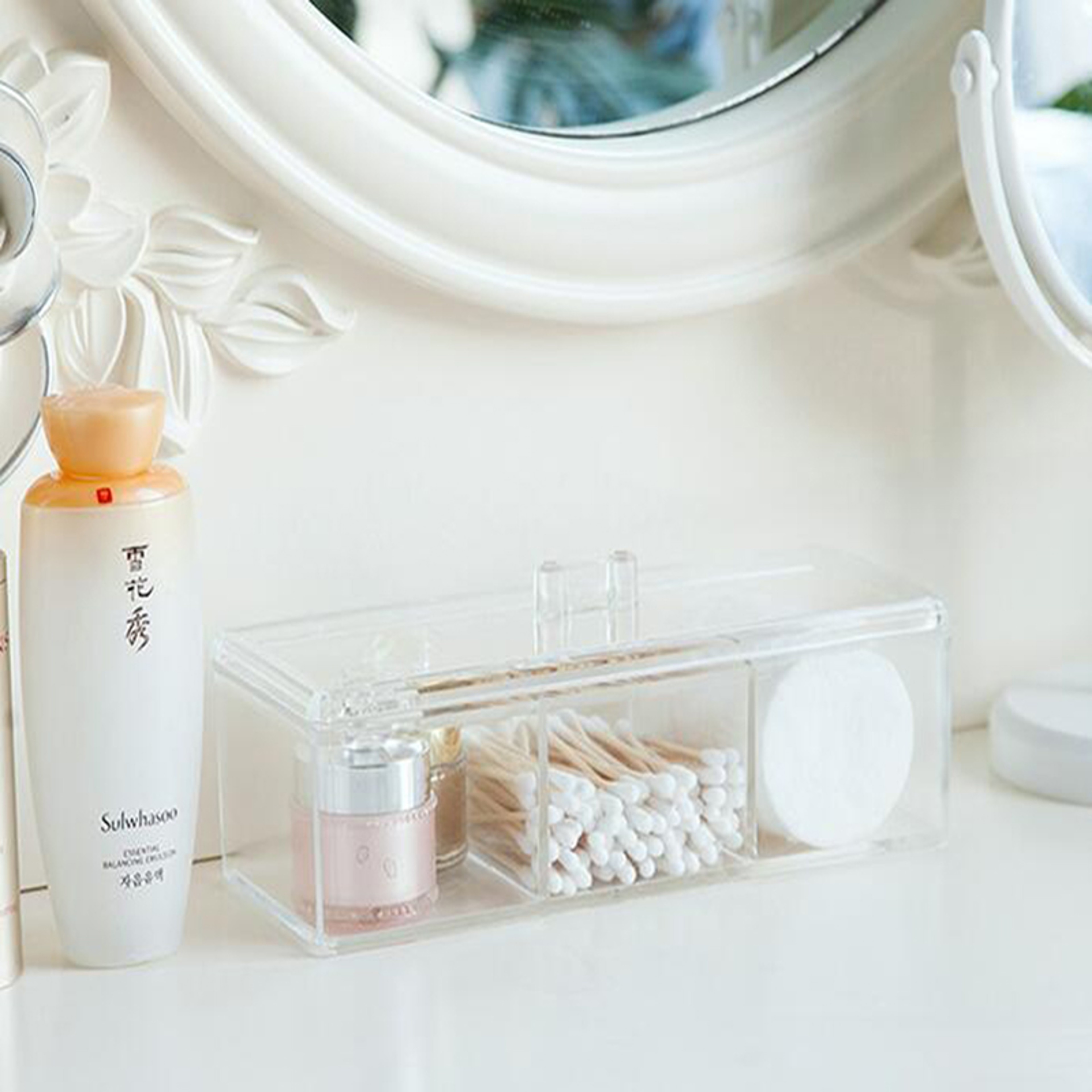 Clear Acrylic Makeup Organizer With Cotton Swab Holder And Cotton Pad Storage 5