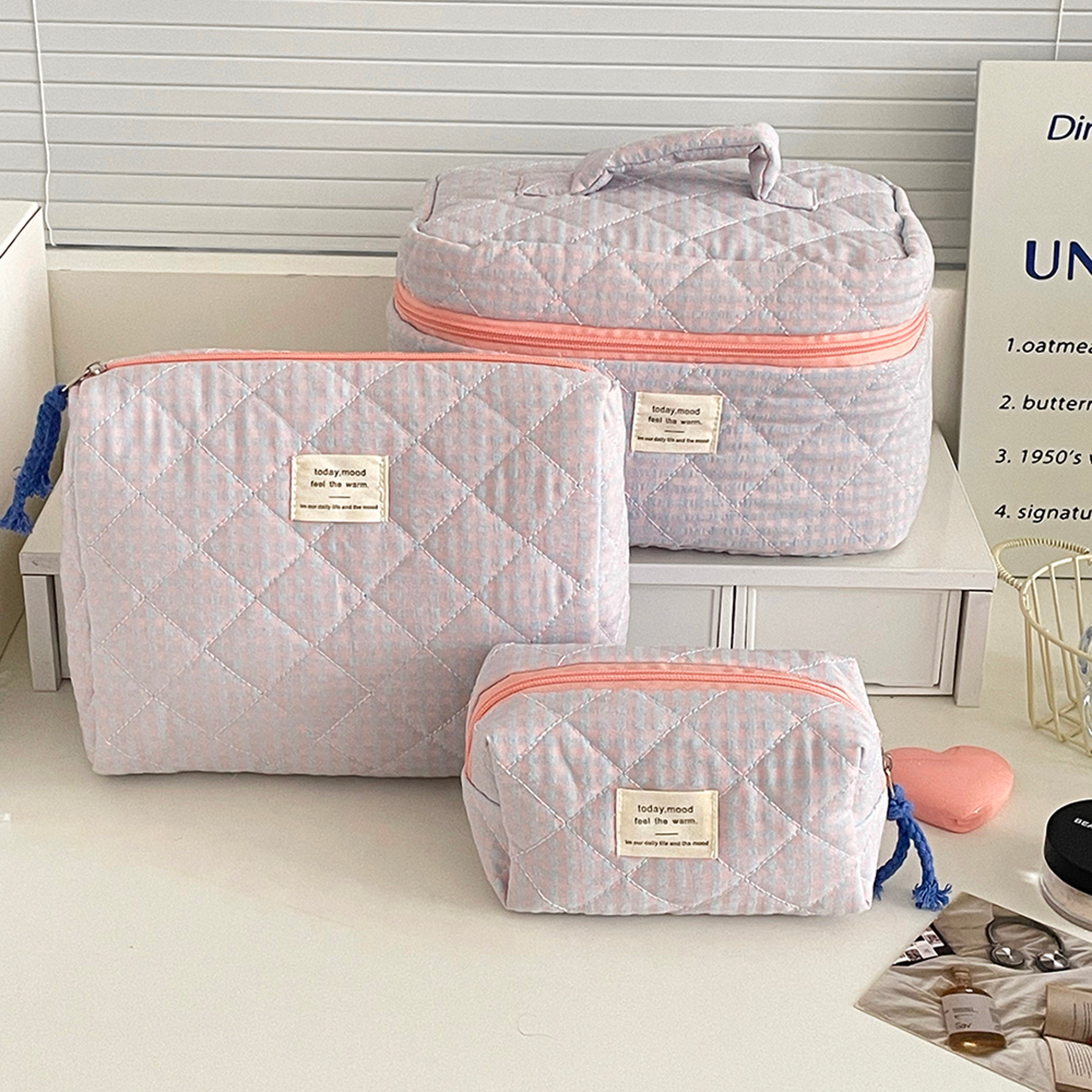 3 Piece Floral Makeup Bag Set Large Capacity Quilted Travel Cosmetic Bag Organizer 7