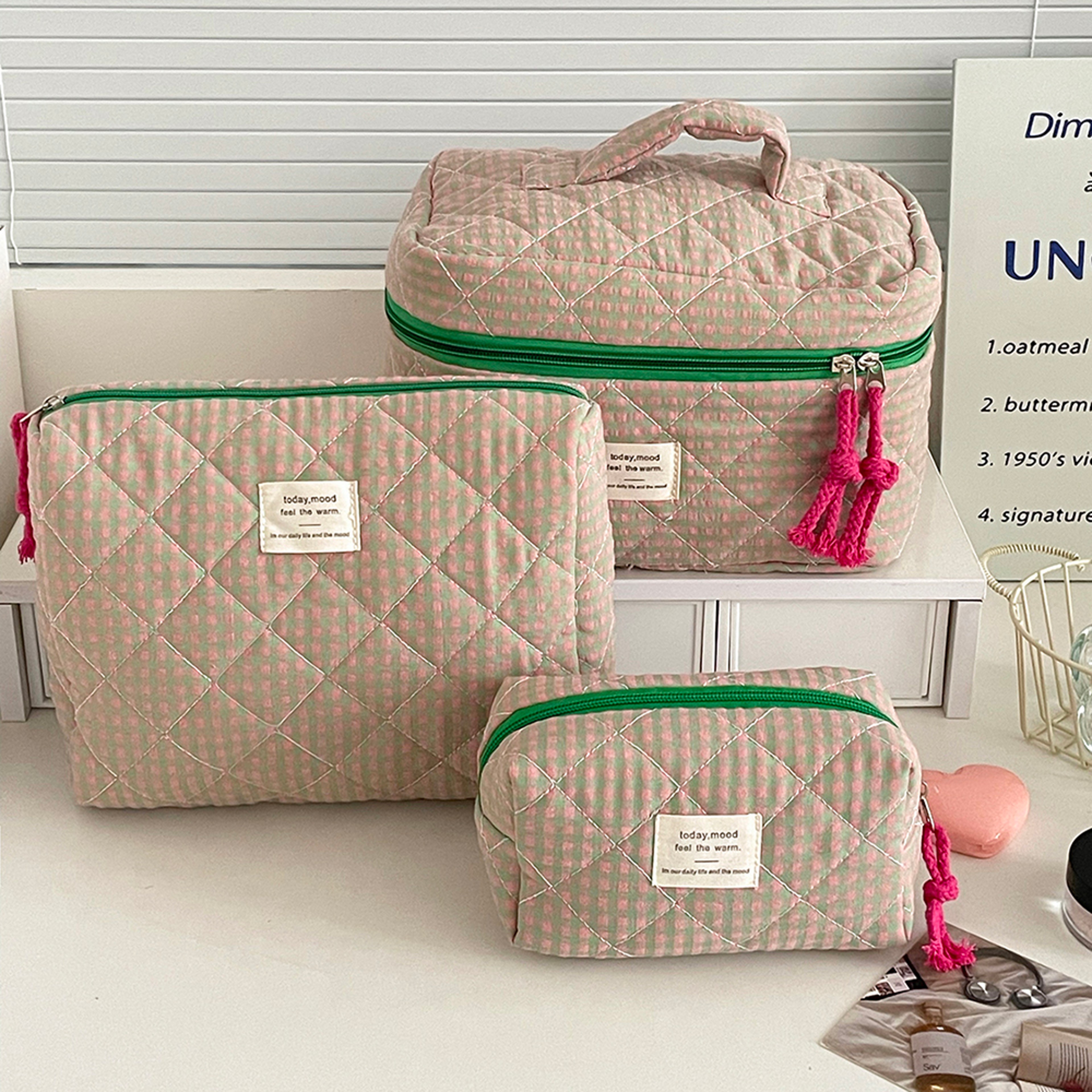 3 Piece Floral Makeup Bag Set Large Capacity Quilted Travel Cosmetic Bag Organizer 9