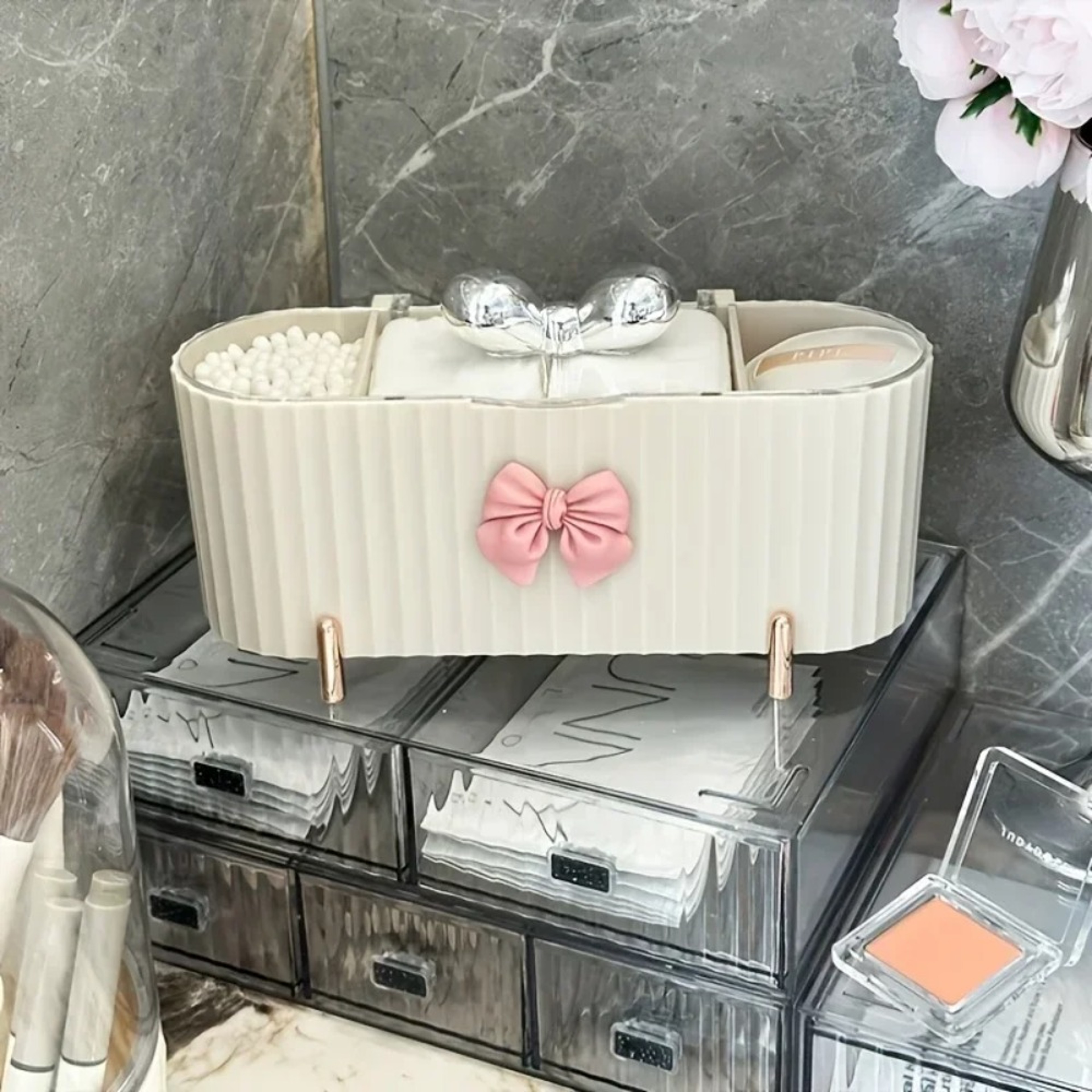 3 Grid Makeup Organizer With Clear Lid Cosmetic Storage Box For Vanity 0
