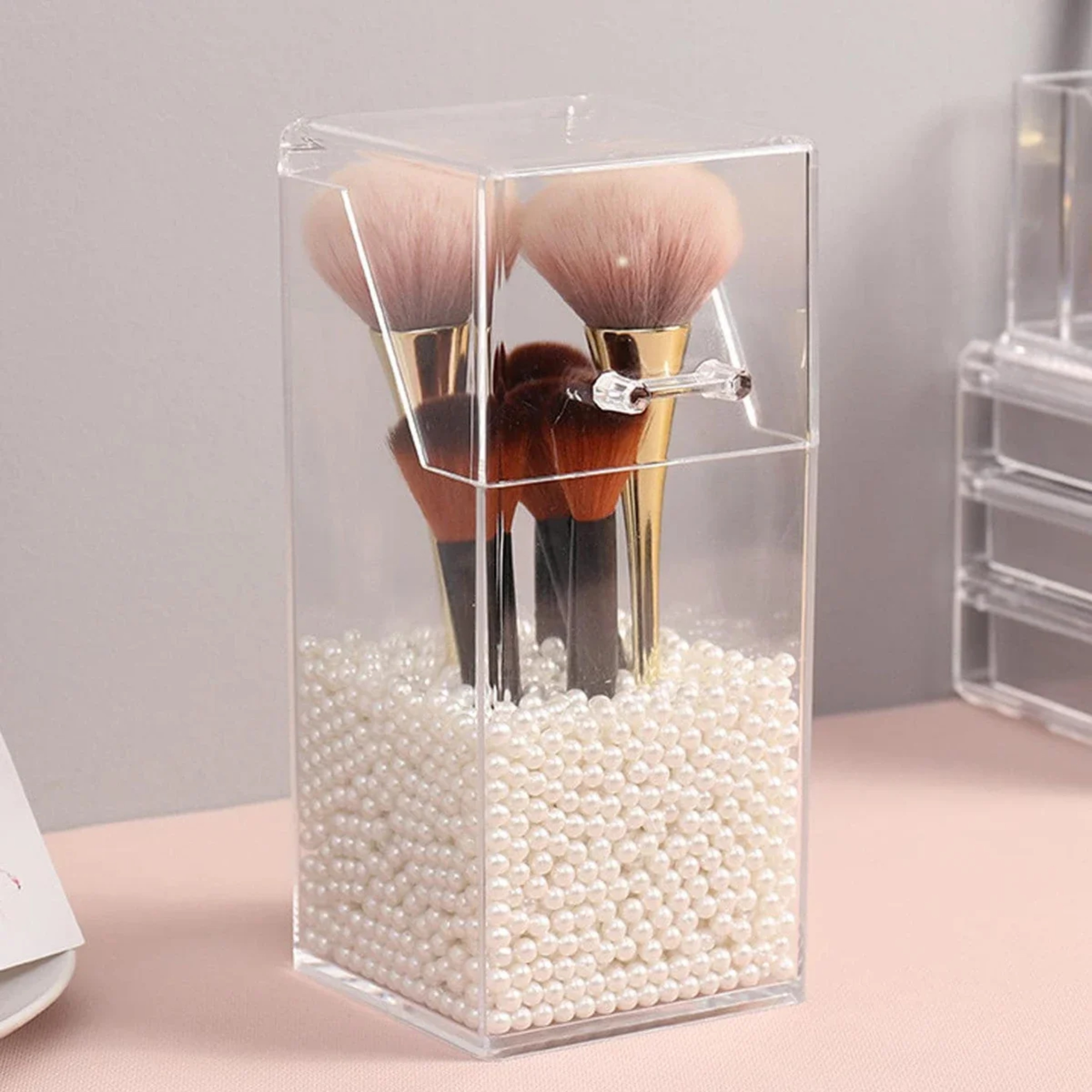 Dustproof Clear Acrylic Makeup Brush Organizer With Lid And Pearl Base 2