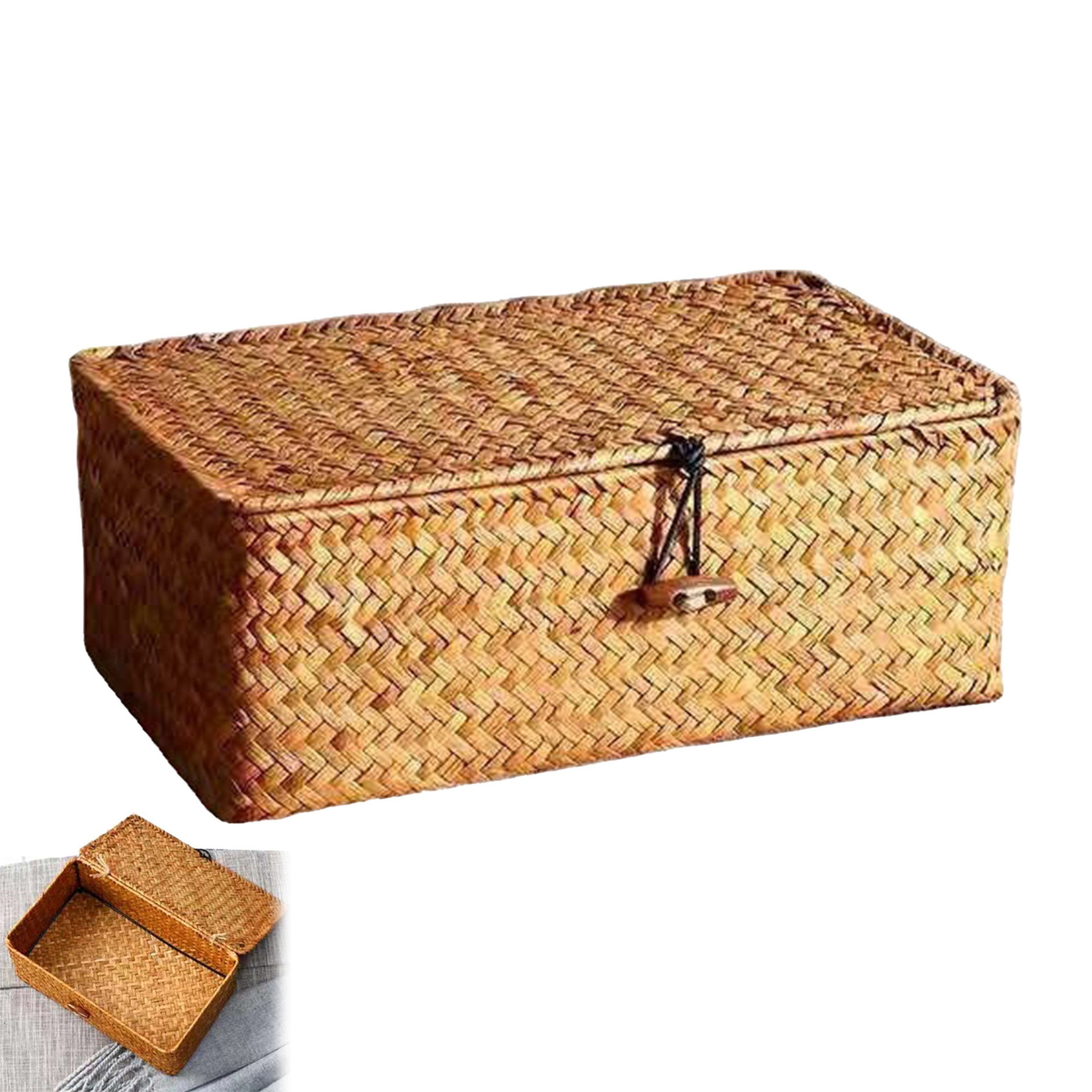 Hand Woven Straw Storage Box With Lid Decorative Rattan Desk Organizer 6